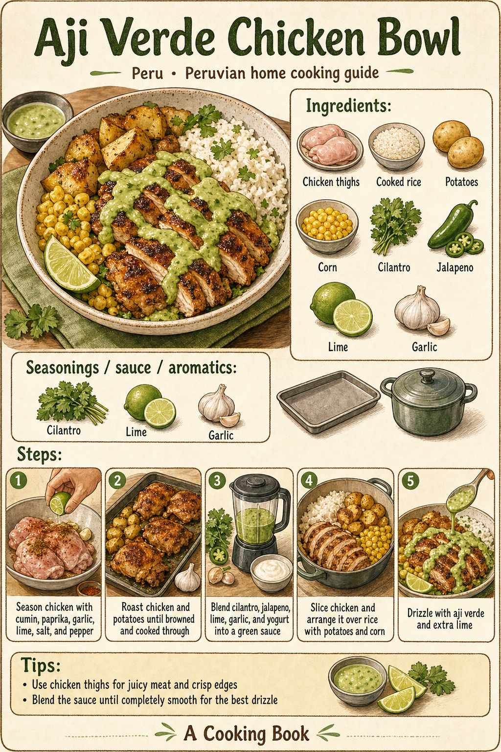 Aji Verde Chicken Bowl illustrated step-by-step cooking guide
