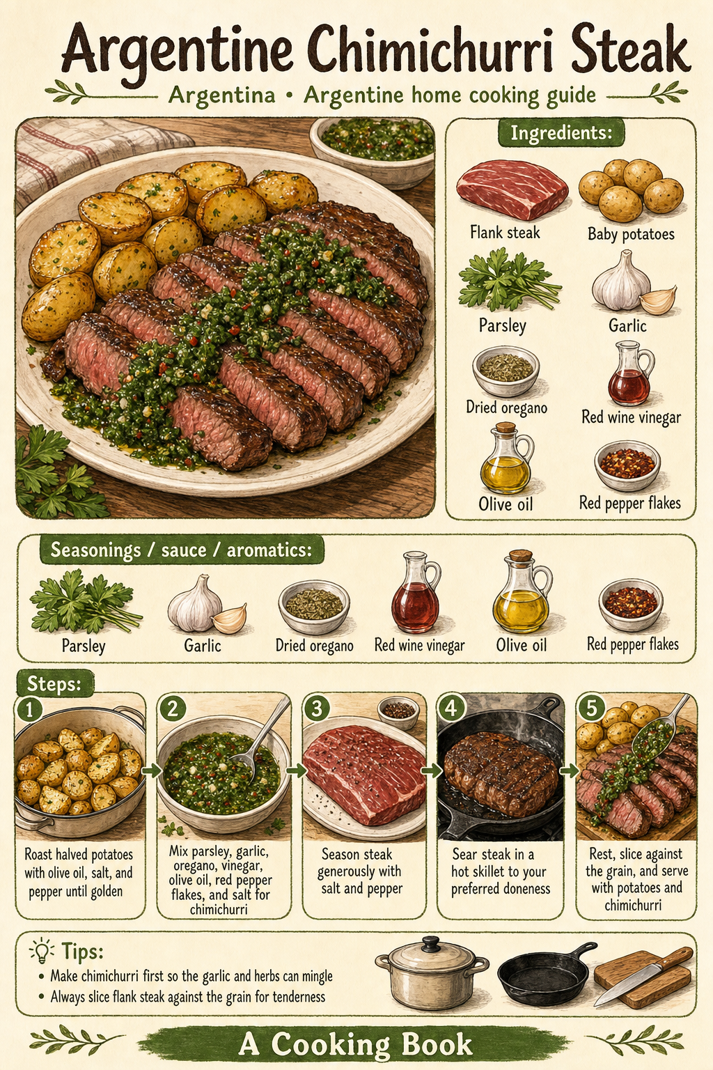 Argentine Chimichurri Steak illustrated step-by-step cooking guide