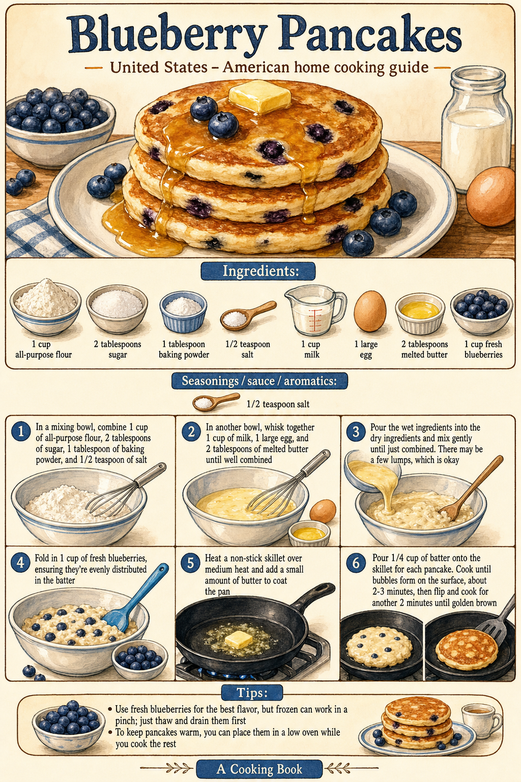 Blueberry Pancakes illustrated step-by-step cooking guide