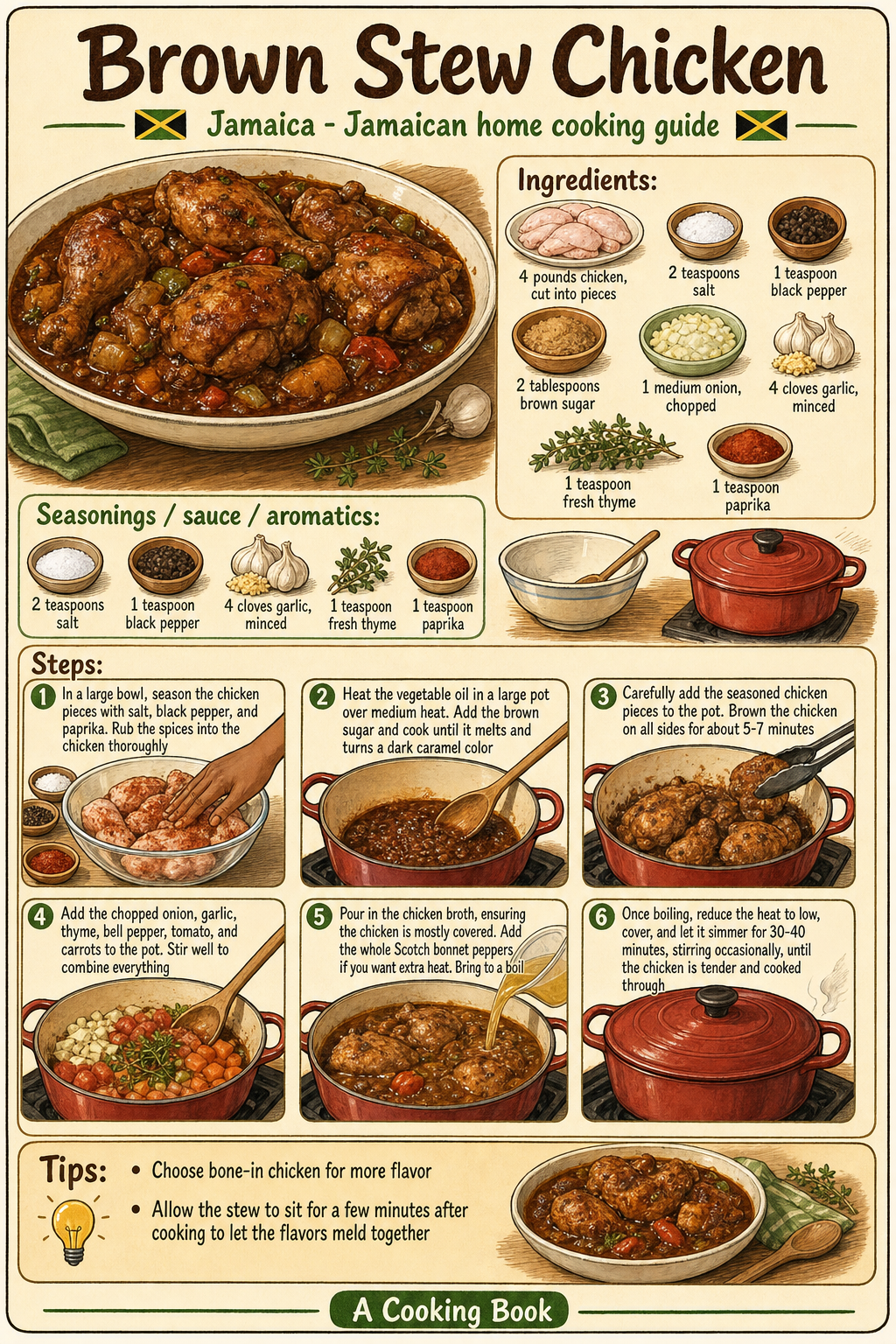 Brown Stew Chicken illustrated step-by-step cooking guide