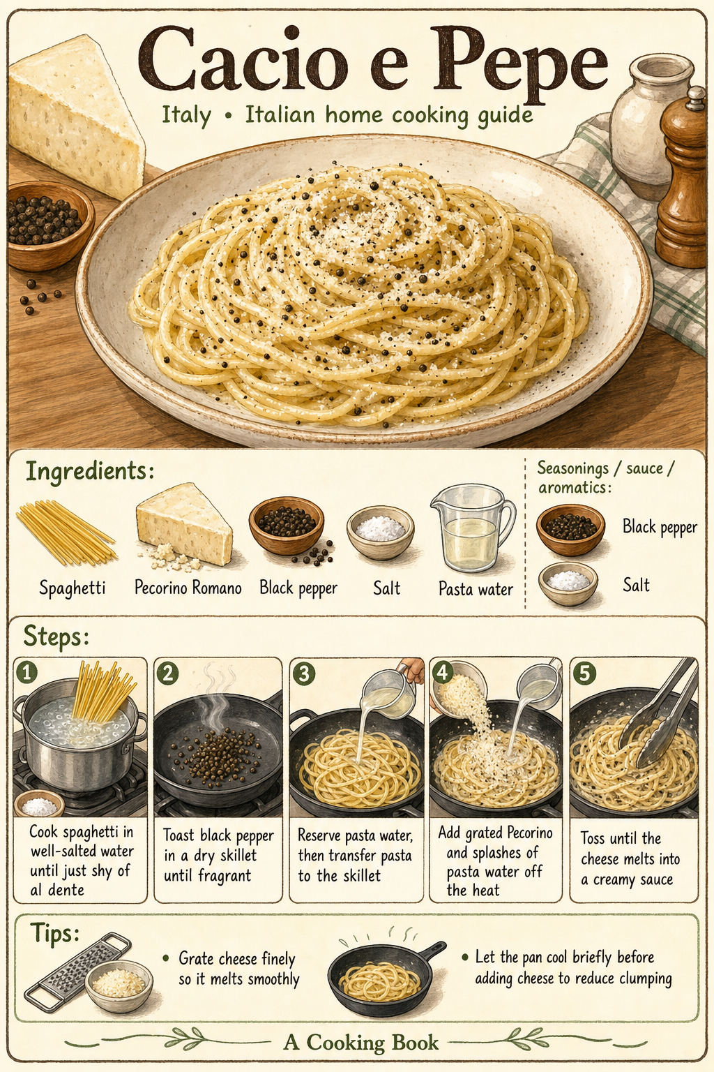 Cacio e Pepe illustrated step-by-step cooking guide
