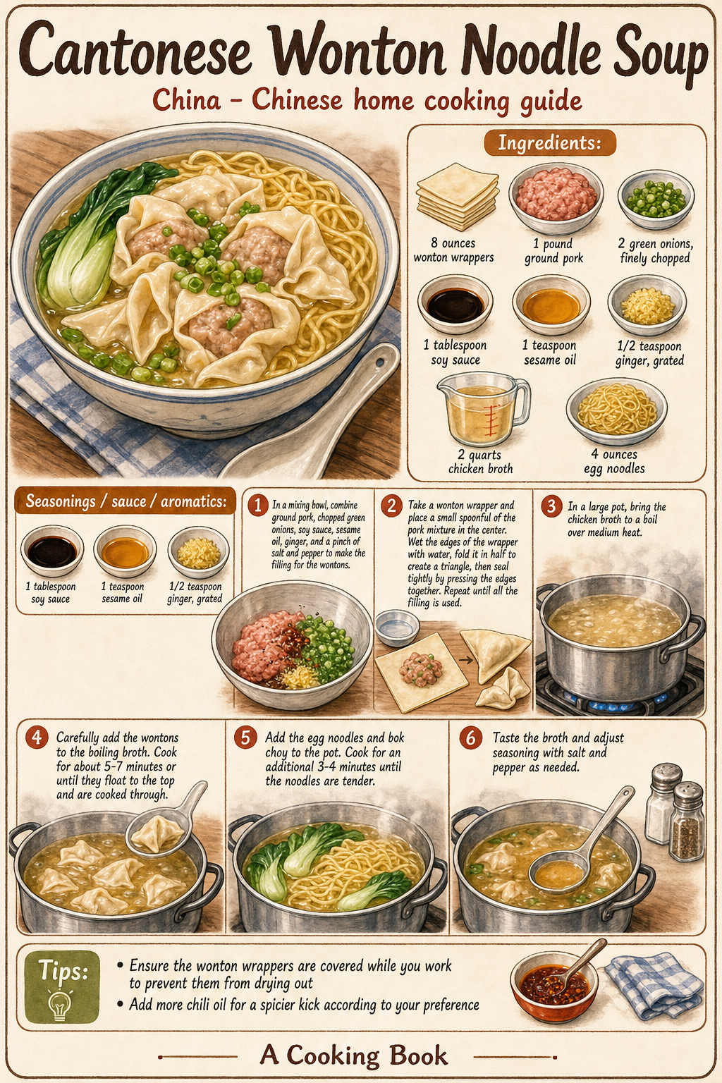 Cantonese Wonton Noodle Soup illustrated step-by-step cooking guide
