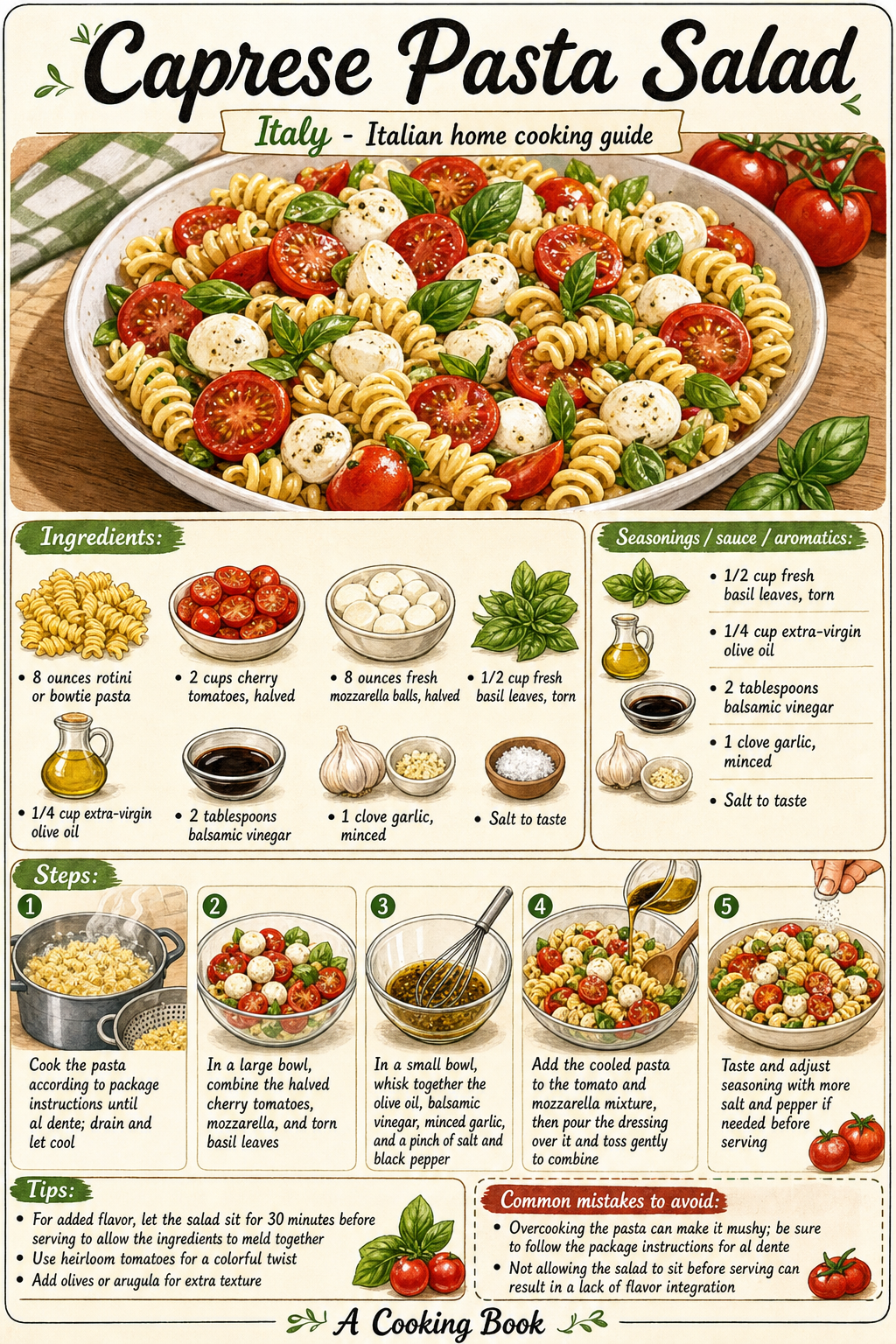 Caprese Pasta Salad illustrated step-by-step cooking guide