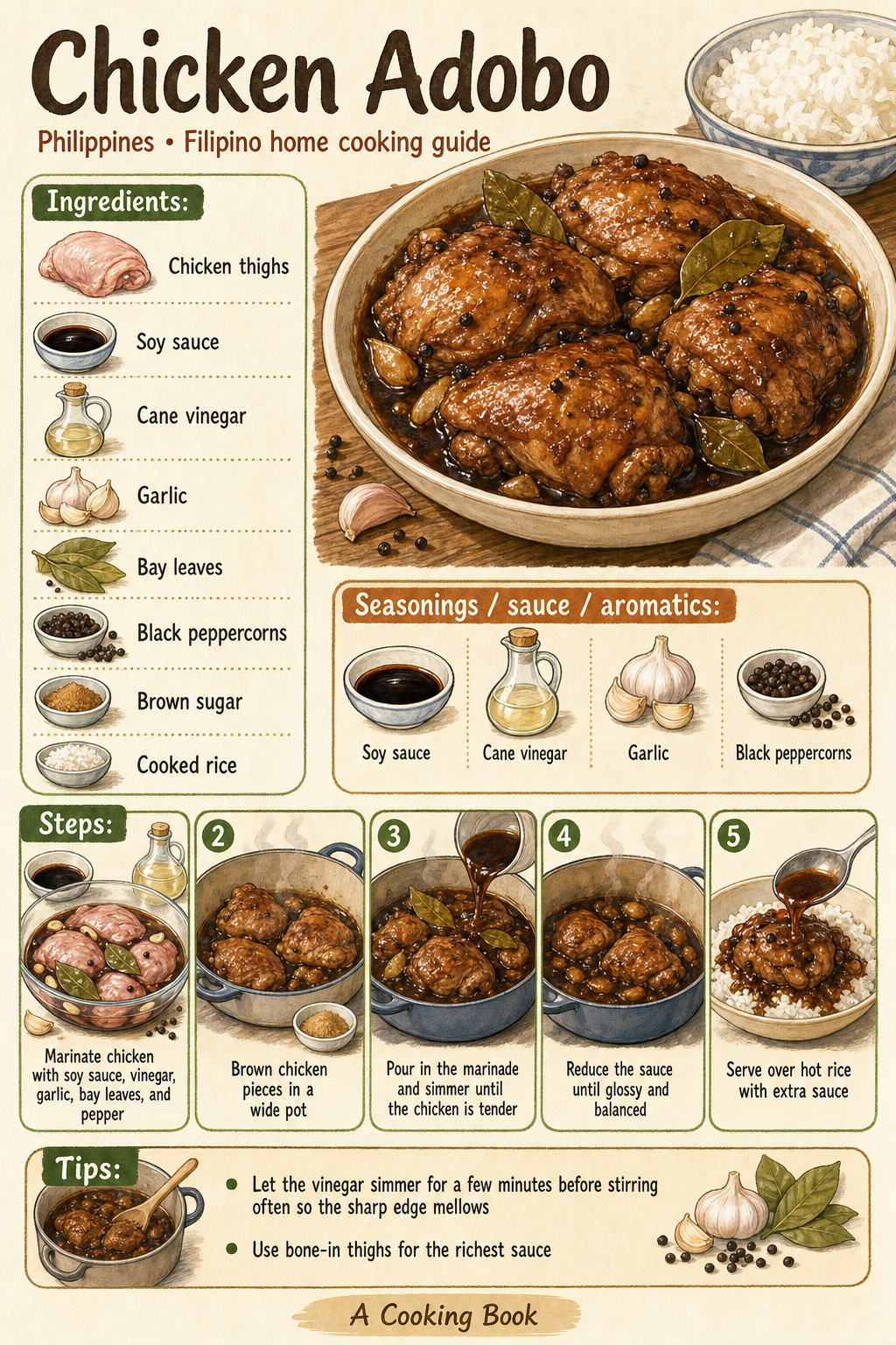 Chicken Adobo illustrated step-by-step cooking guide
