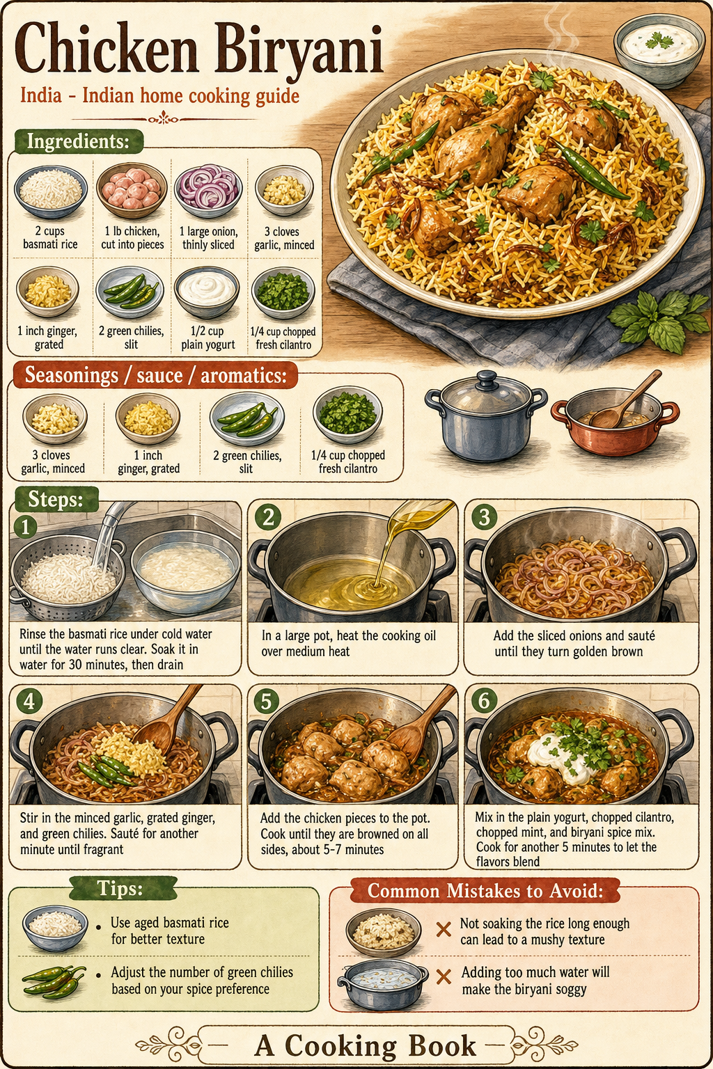 Chicken Biryani illustrated step-by-step cooking guide