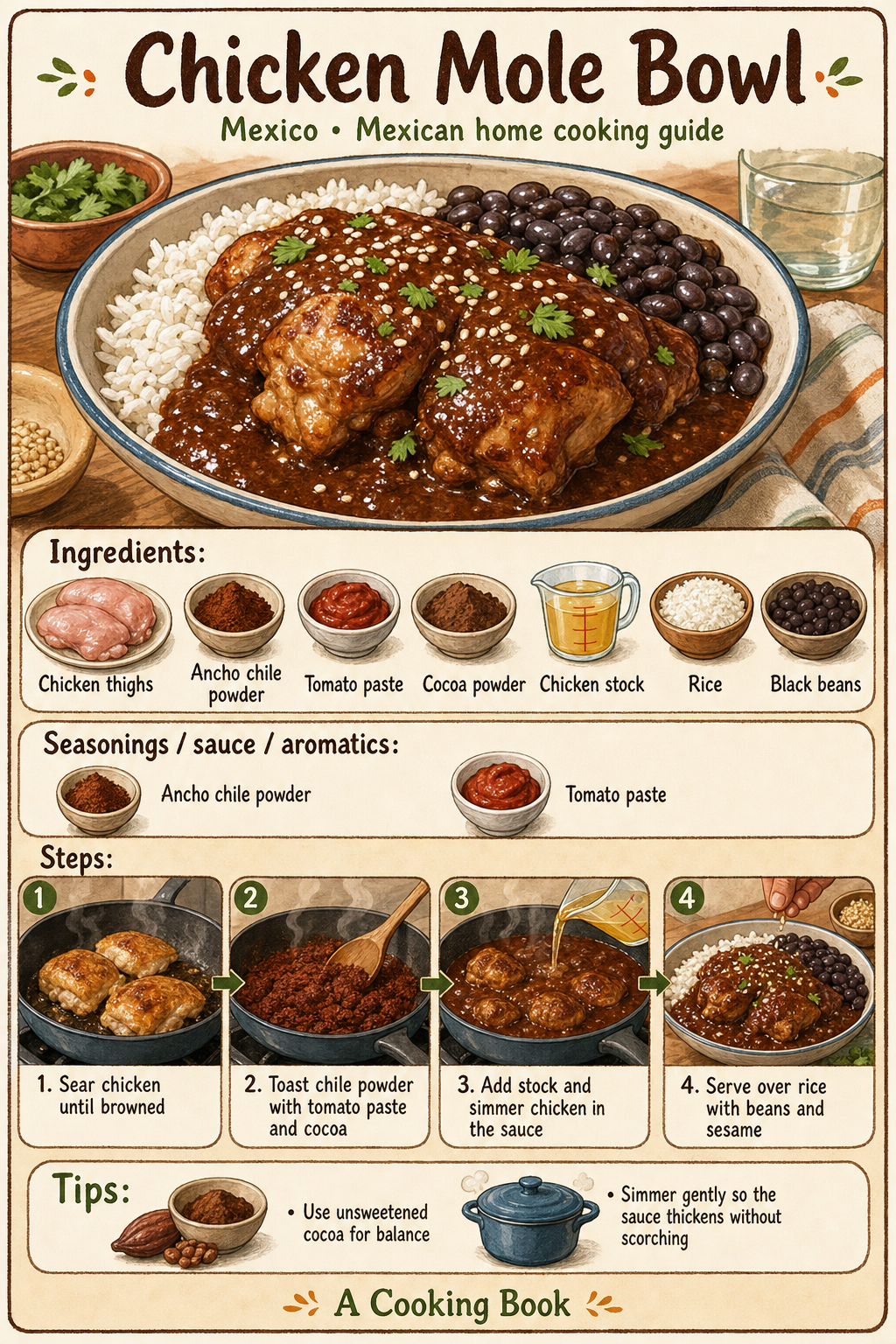 Chicken Mole Bowl illustrated step-by-step cooking guide
