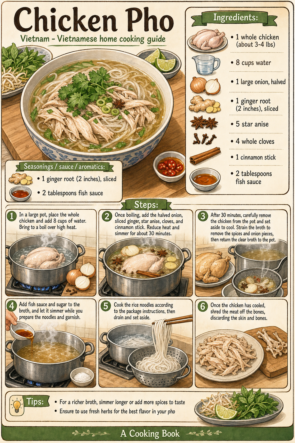 Chicken Pho illustrated step-by-step cooking guide