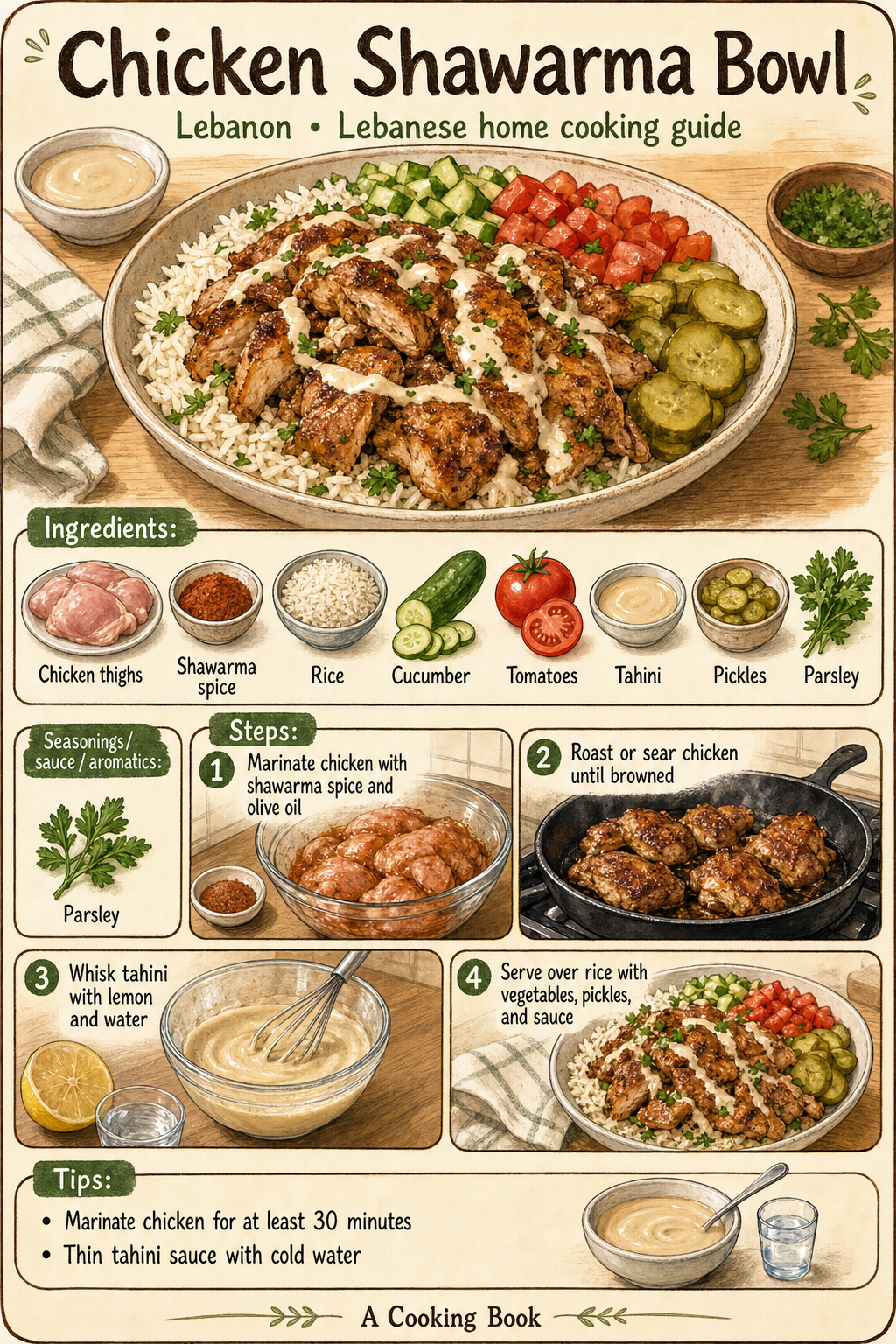 Chicken Shawarma Bowl illustrated step-by-step cooking guide