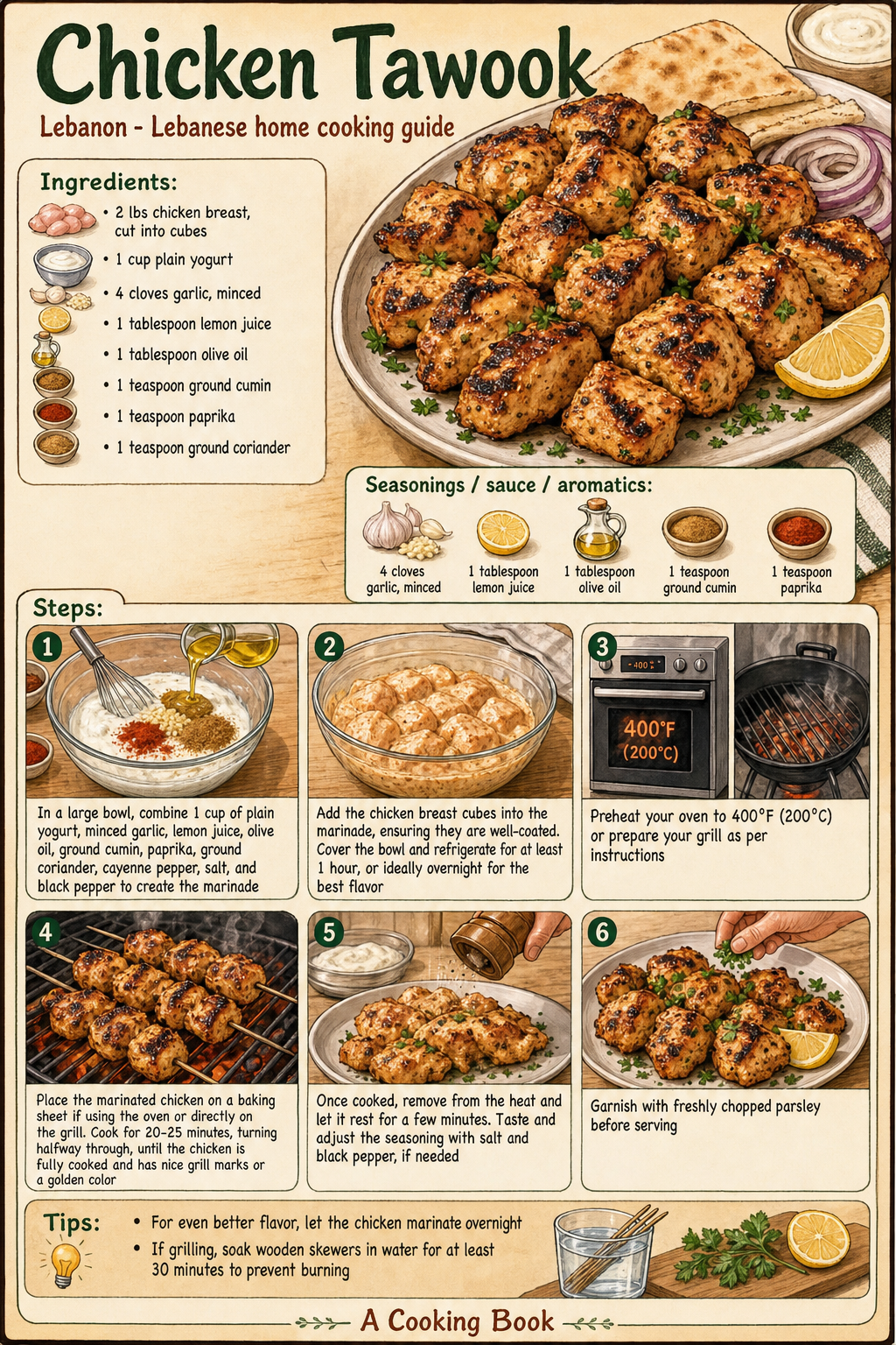 Chicken Tawook illustrated step-by-step cooking guide