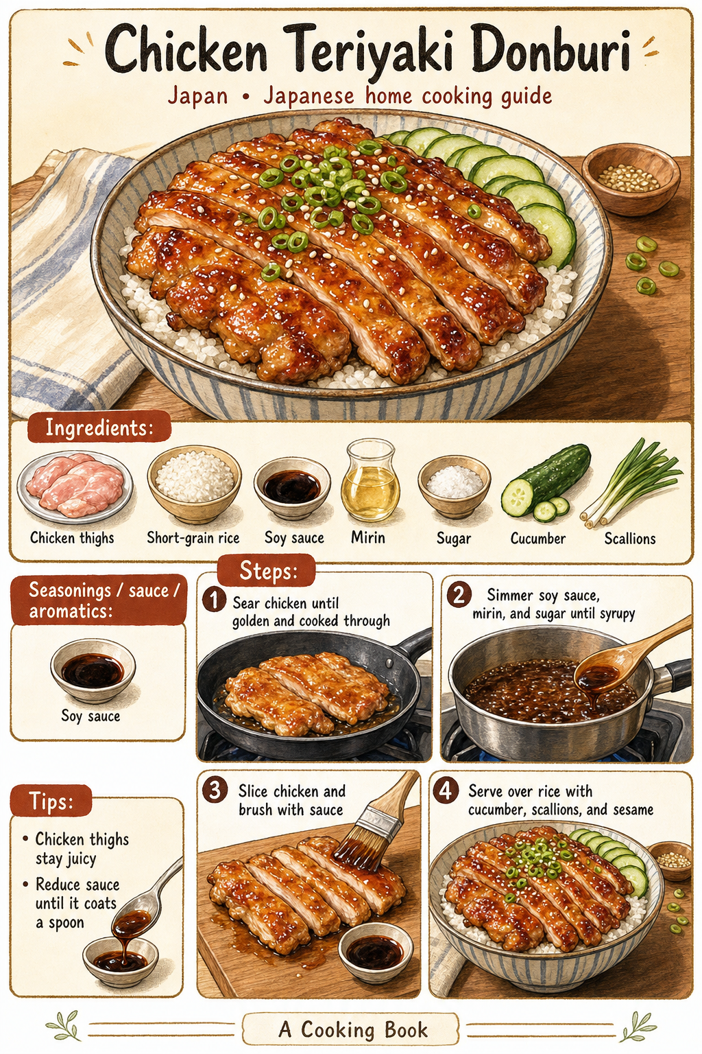 Chicken Teriyaki Donburi illustrated step-by-step cooking guide