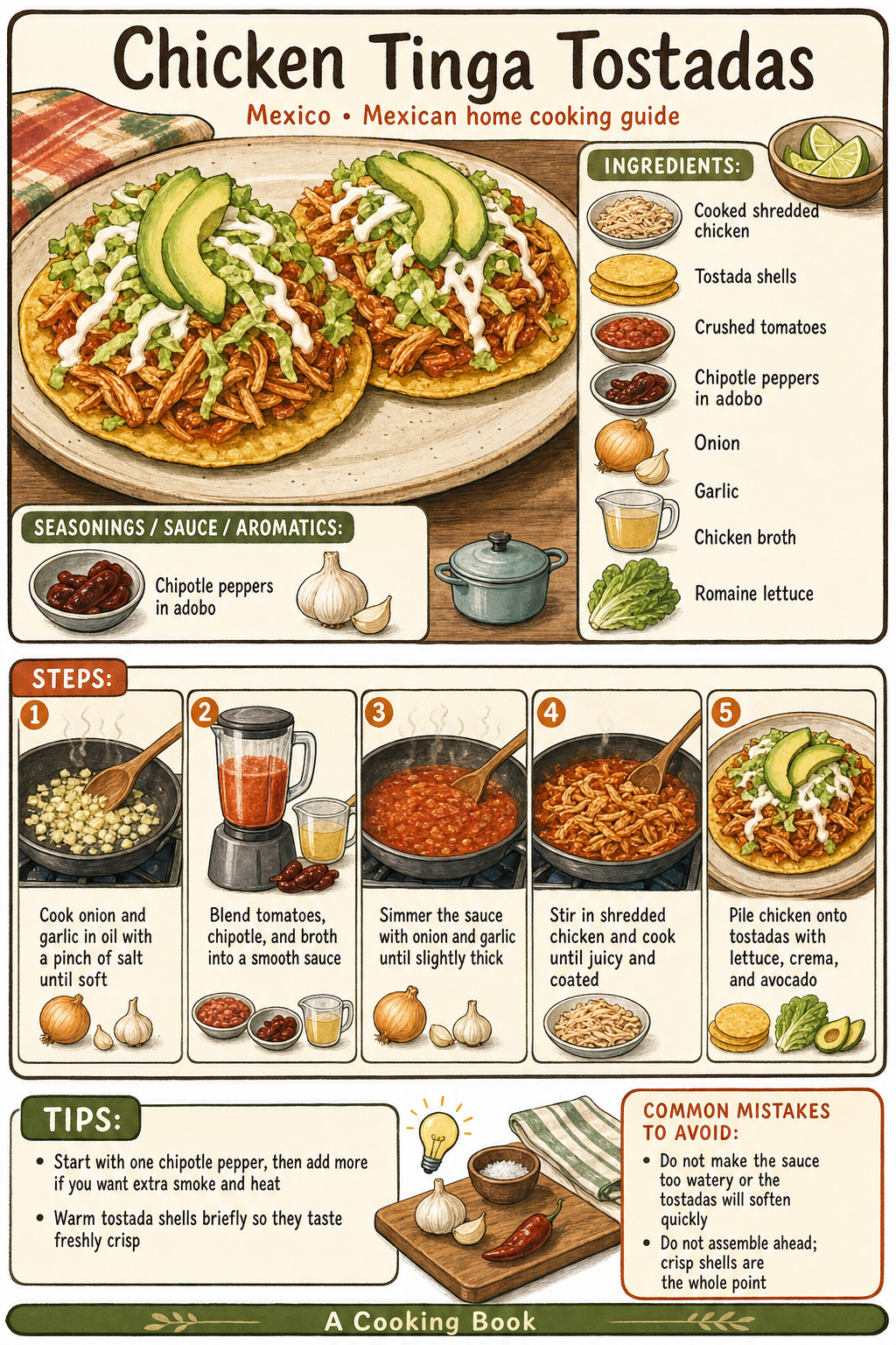 Chicken Tinga Tostadas illustrated step-by-step cooking guide