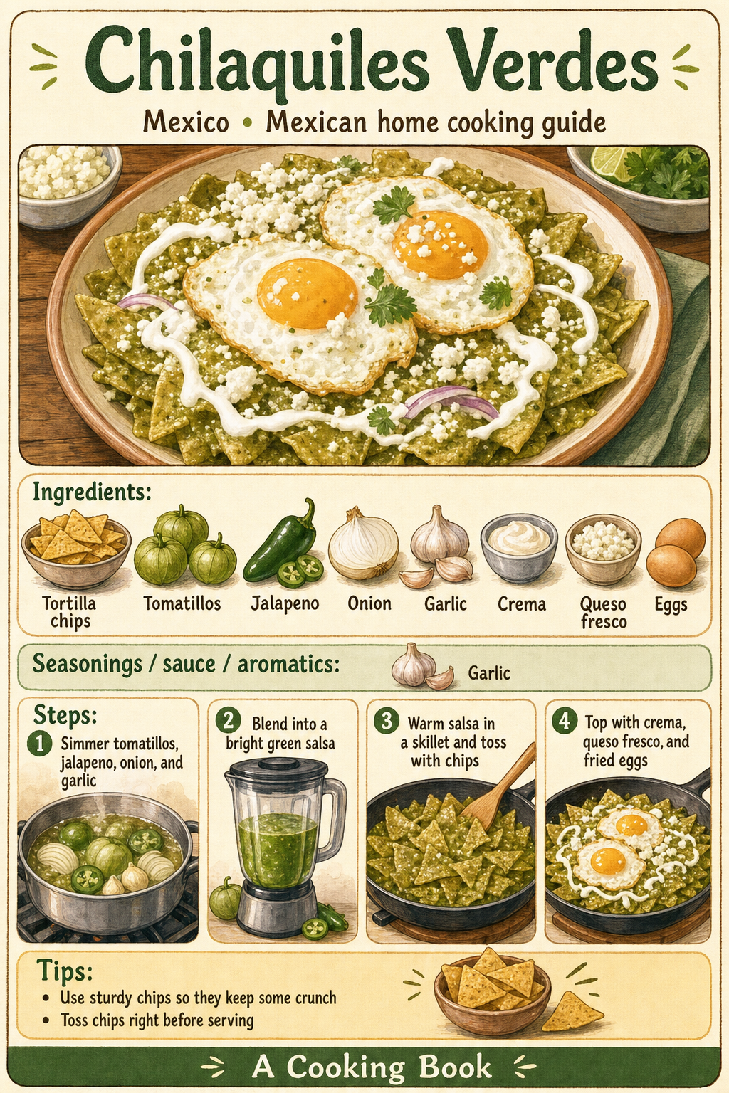 Chilaquiles Verdes illustrated step-by-step cooking guide