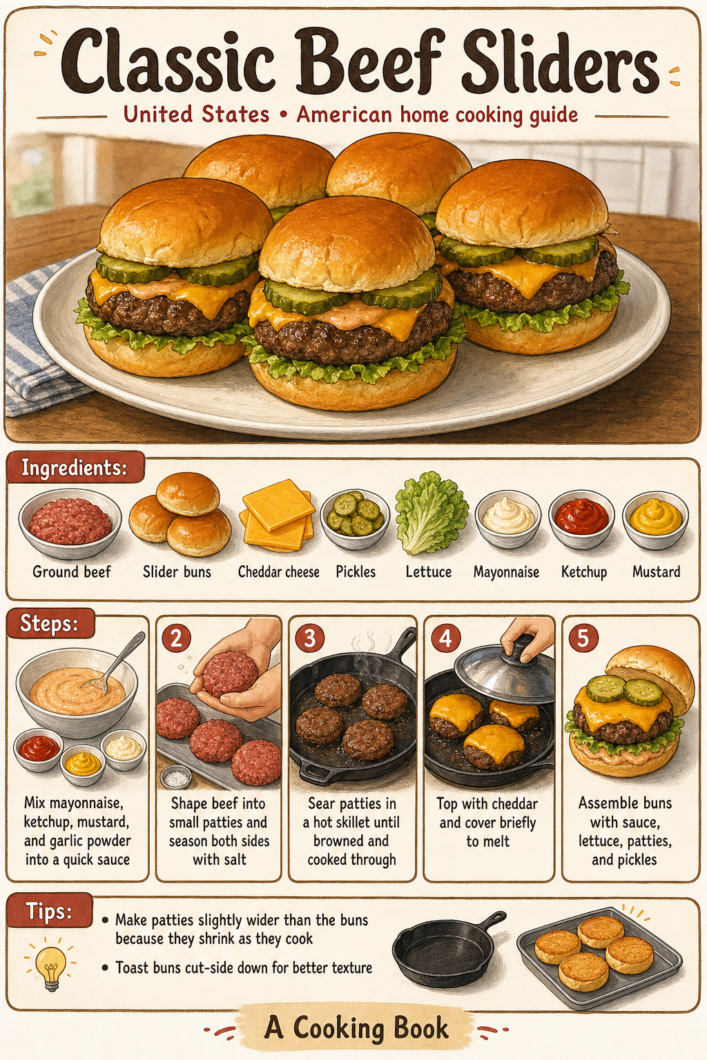 Classic Beef Sliders illustrated step-by-step cooking guide