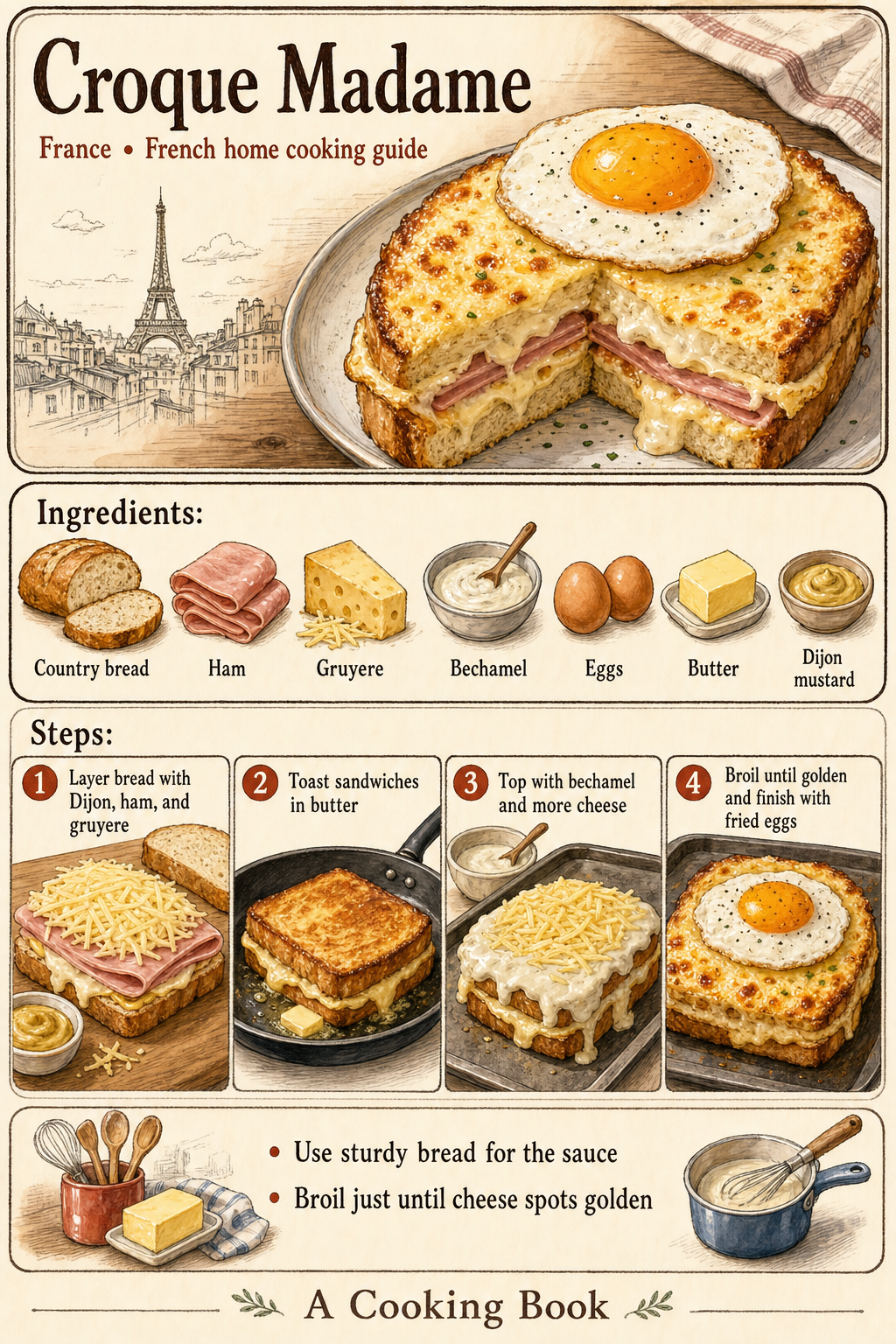 Croque Madame illustrated step-by-step cooking guide