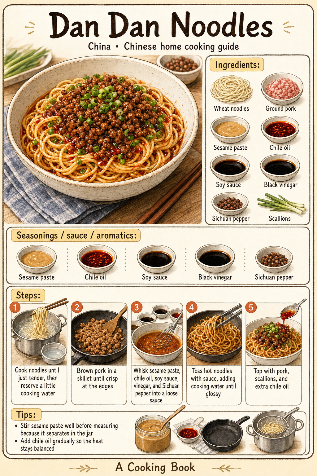 Dan Dan Noodles illustrated step-by-step cooking guide