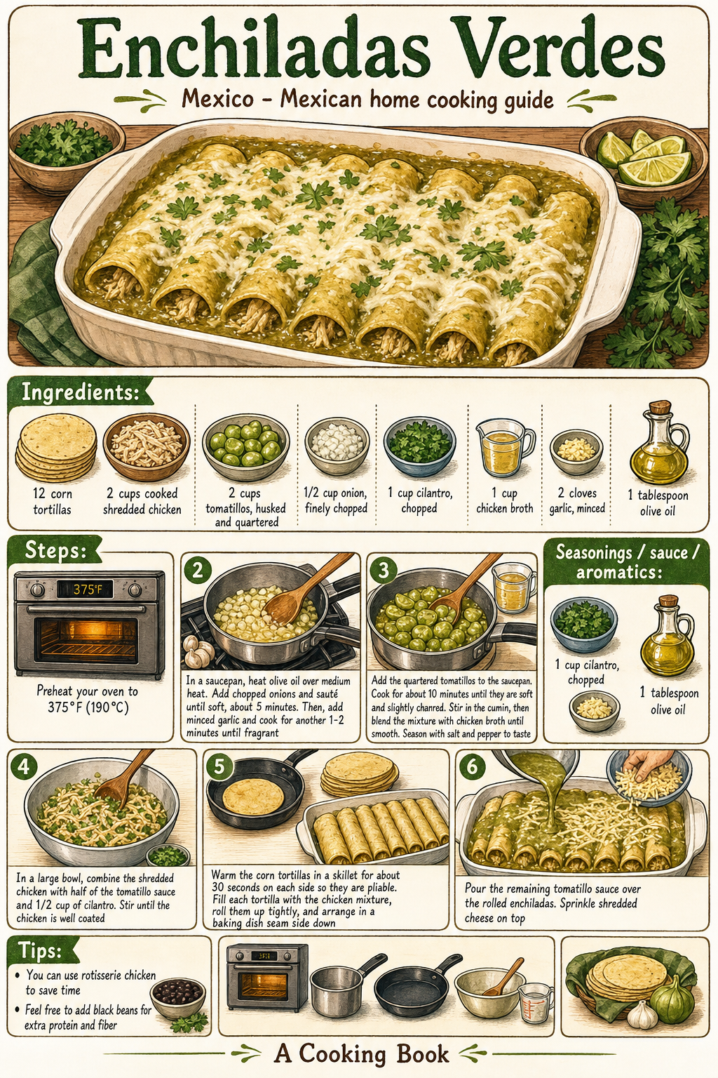 Enchiladas Verdes illustrated step-by-step cooking guide