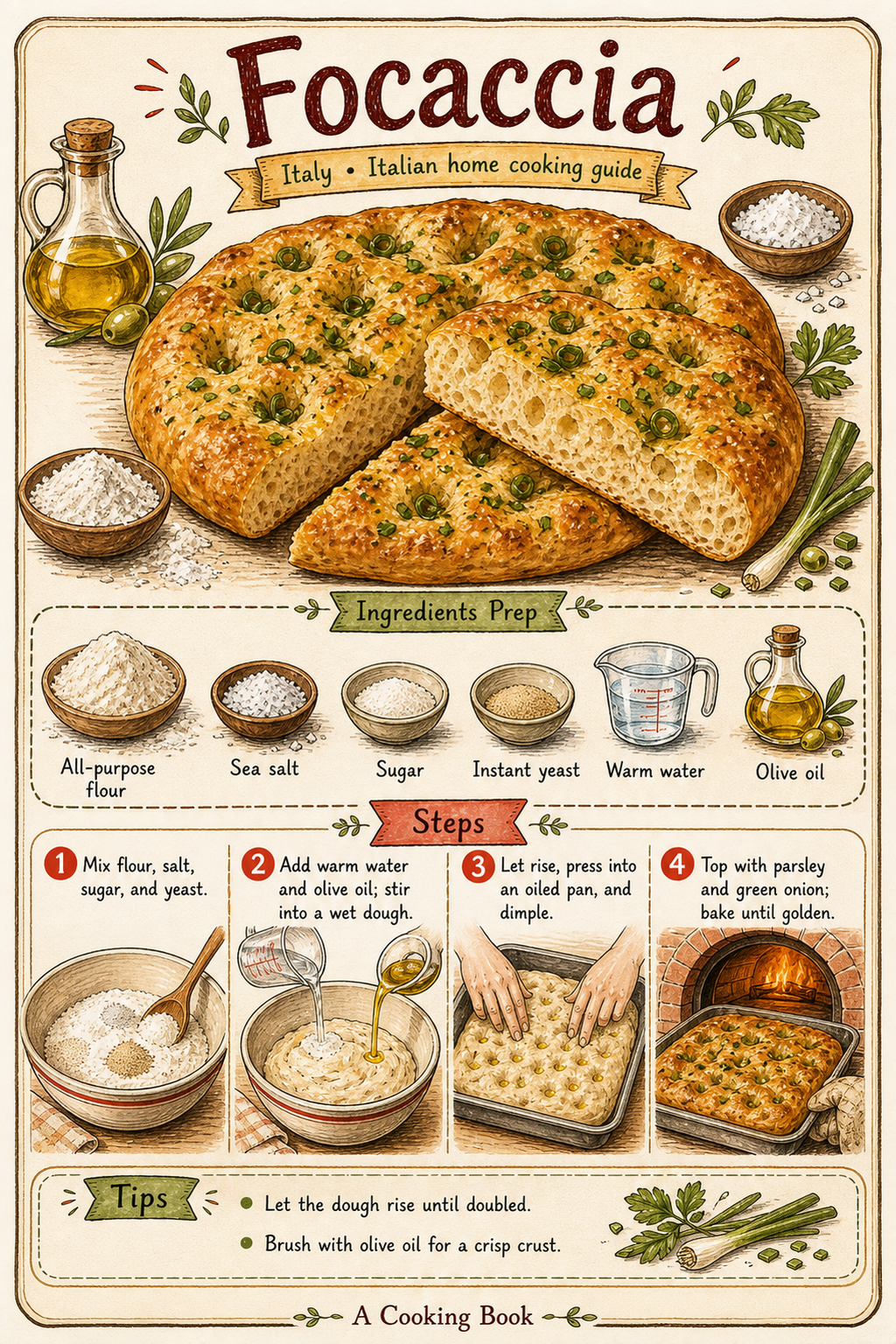 Focaccia illustrated step-by-step cooking guide