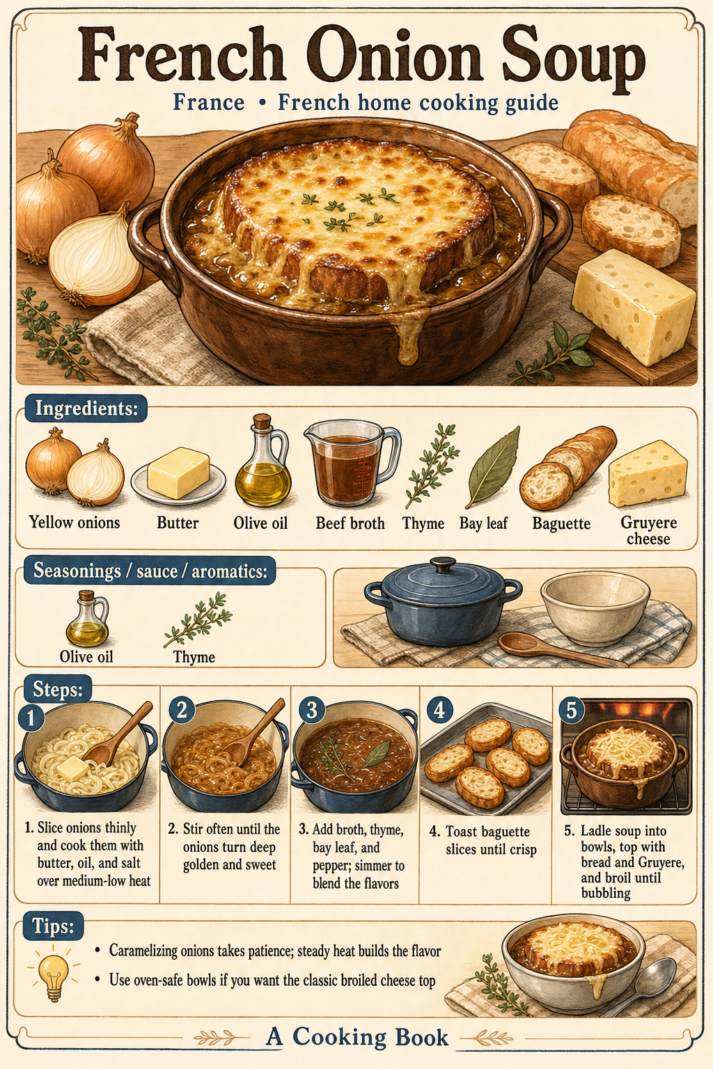 French Onion Soup illustrated step-by-step cooking guide