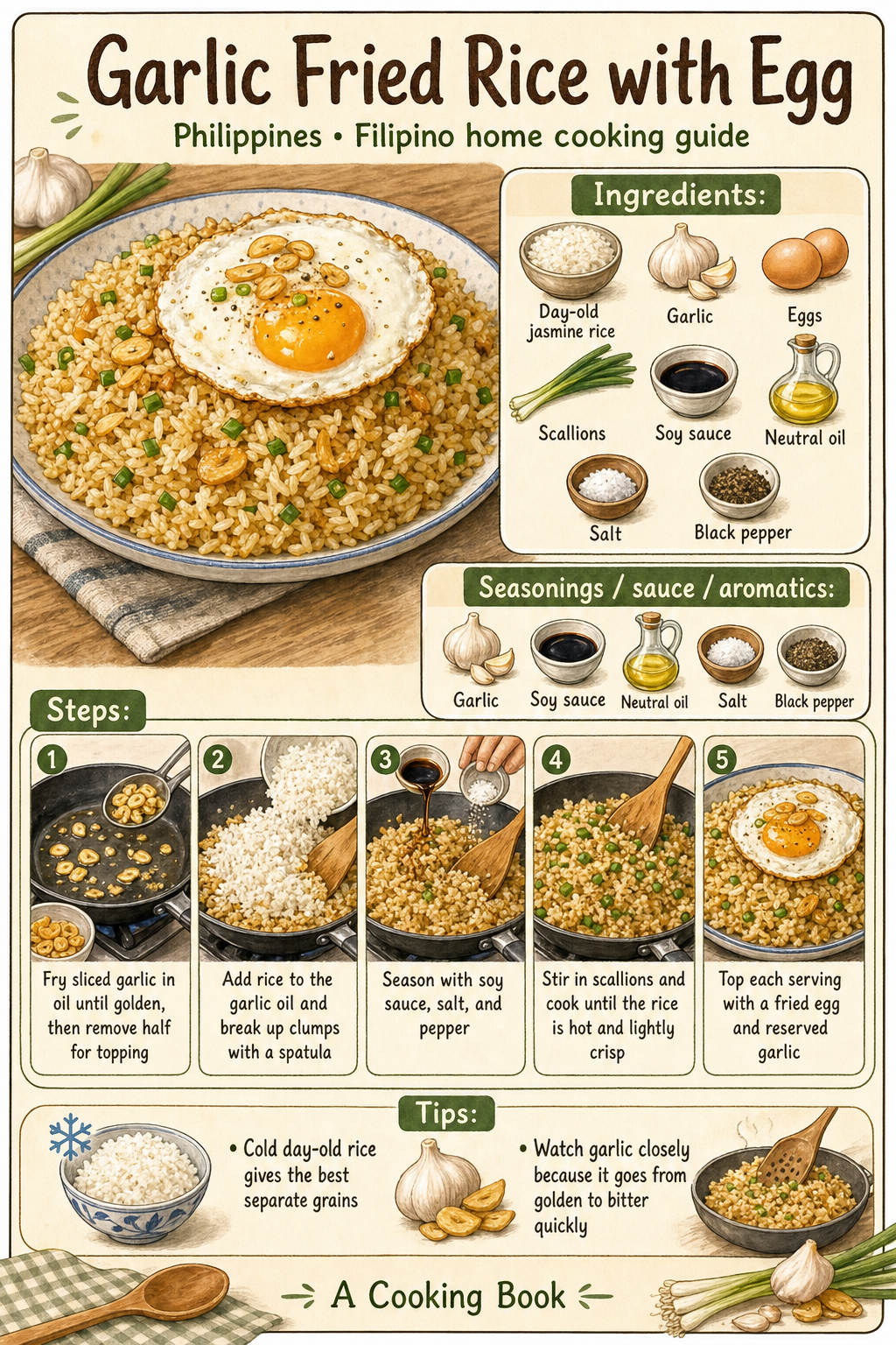 Garlic Fried Rice with Egg illustrated step-by-step cooking guide