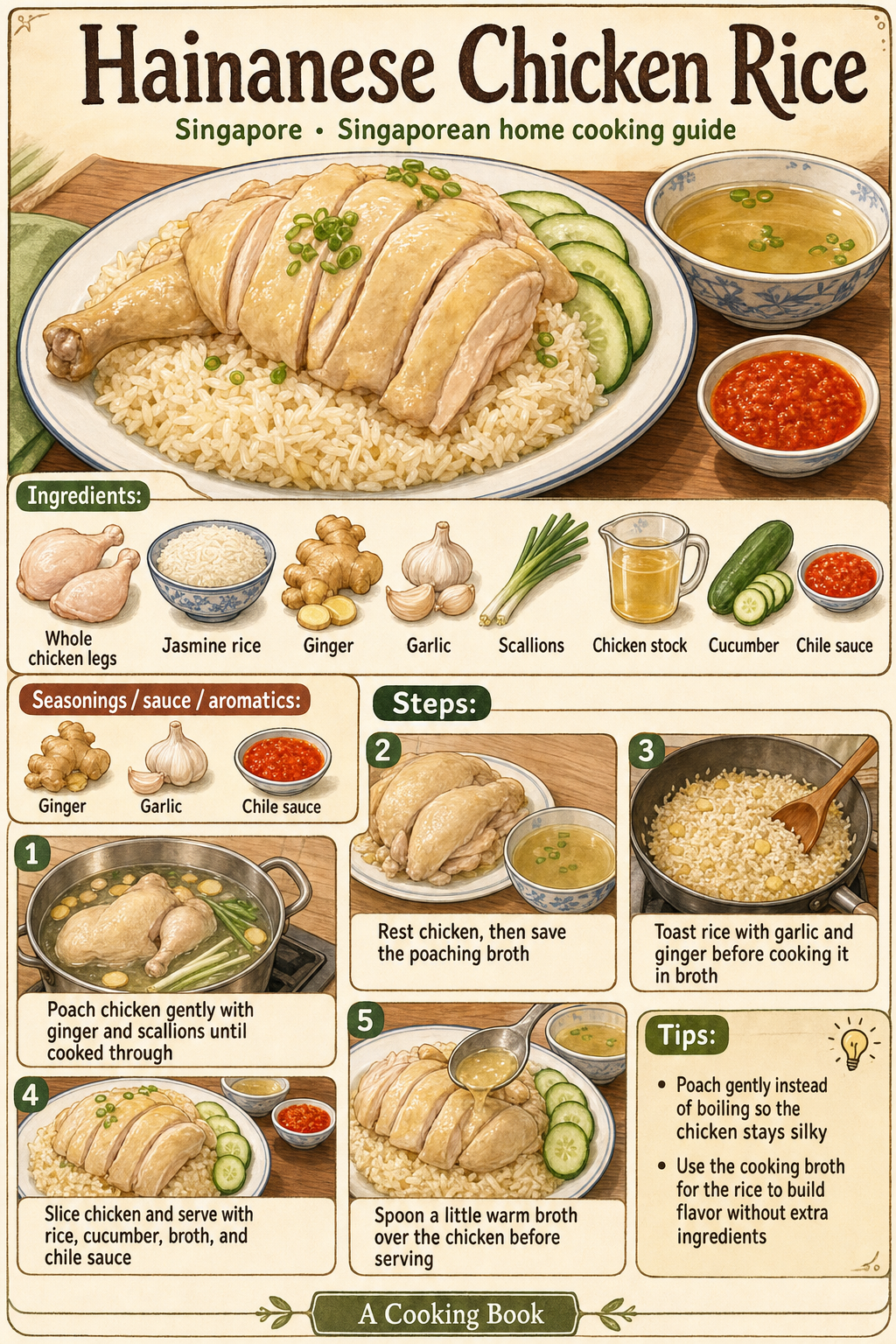 Hainanese Chicken Rice illustrated step-by-step cooking guide