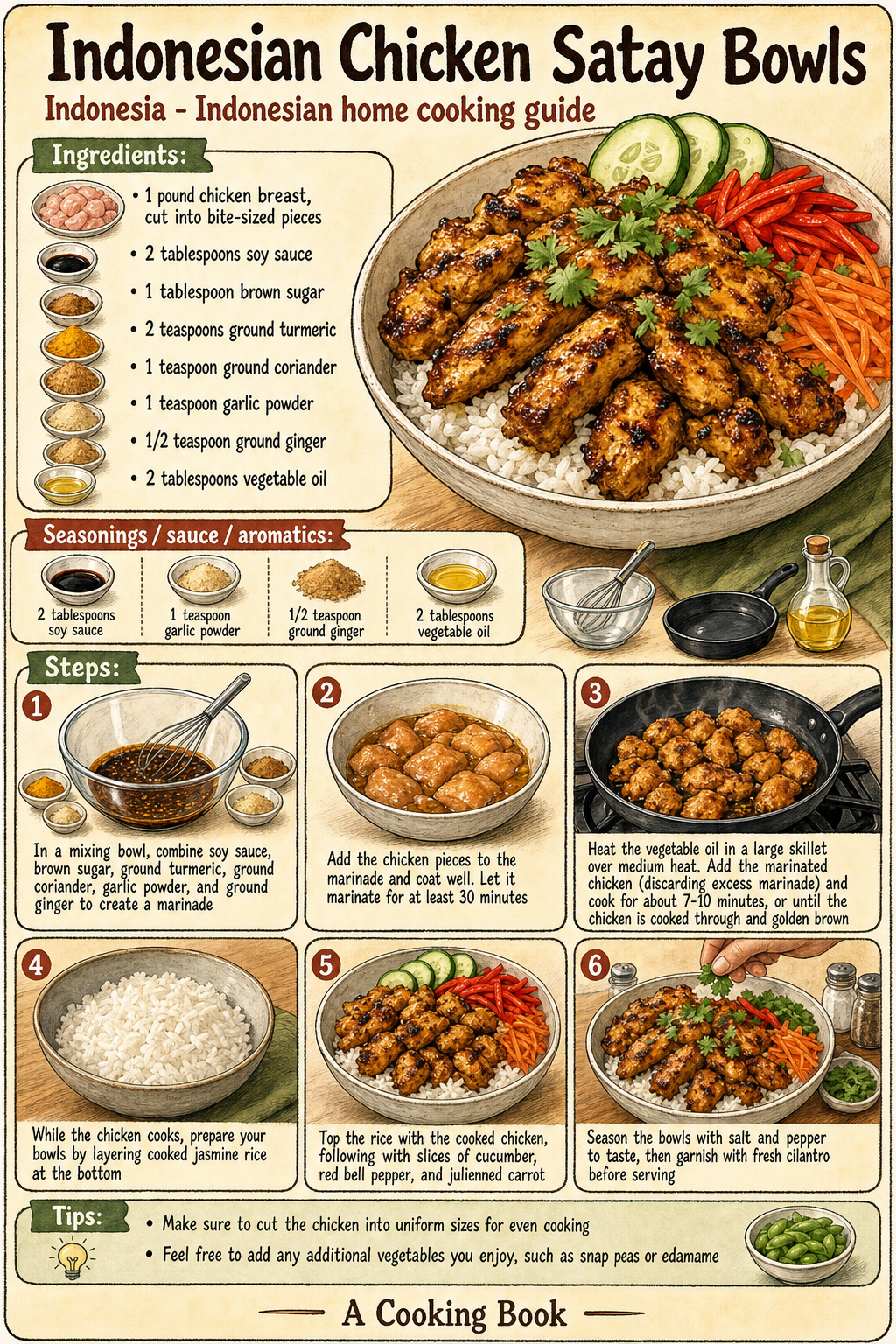 Indonesian Chicken Satay Bowls illustrated step-by-step cooking guide