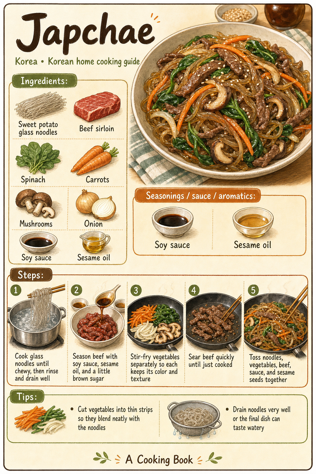 Japchae illustrated step-by-step cooking guide