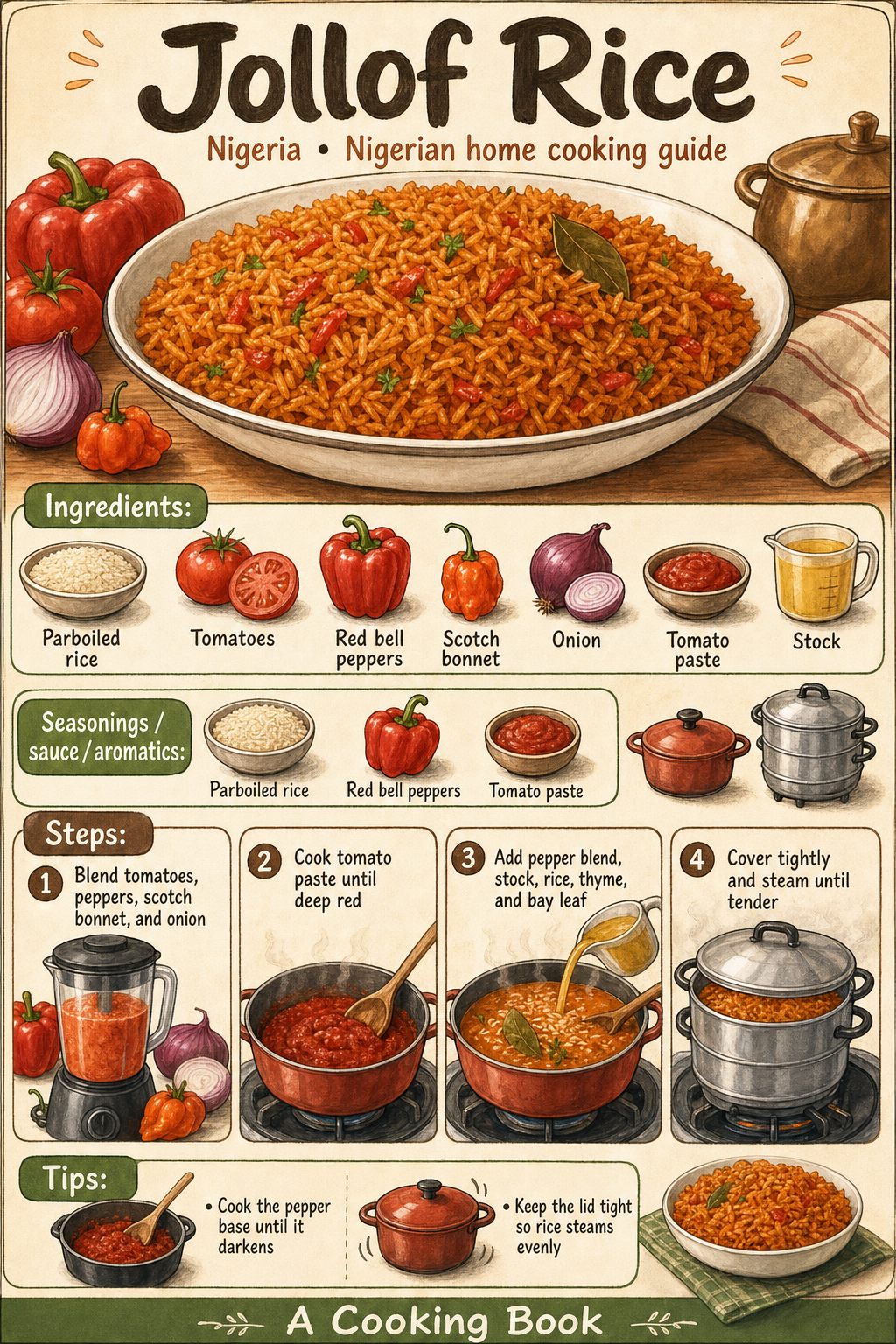 Jollof Rice illustrated step-by-step cooking guide