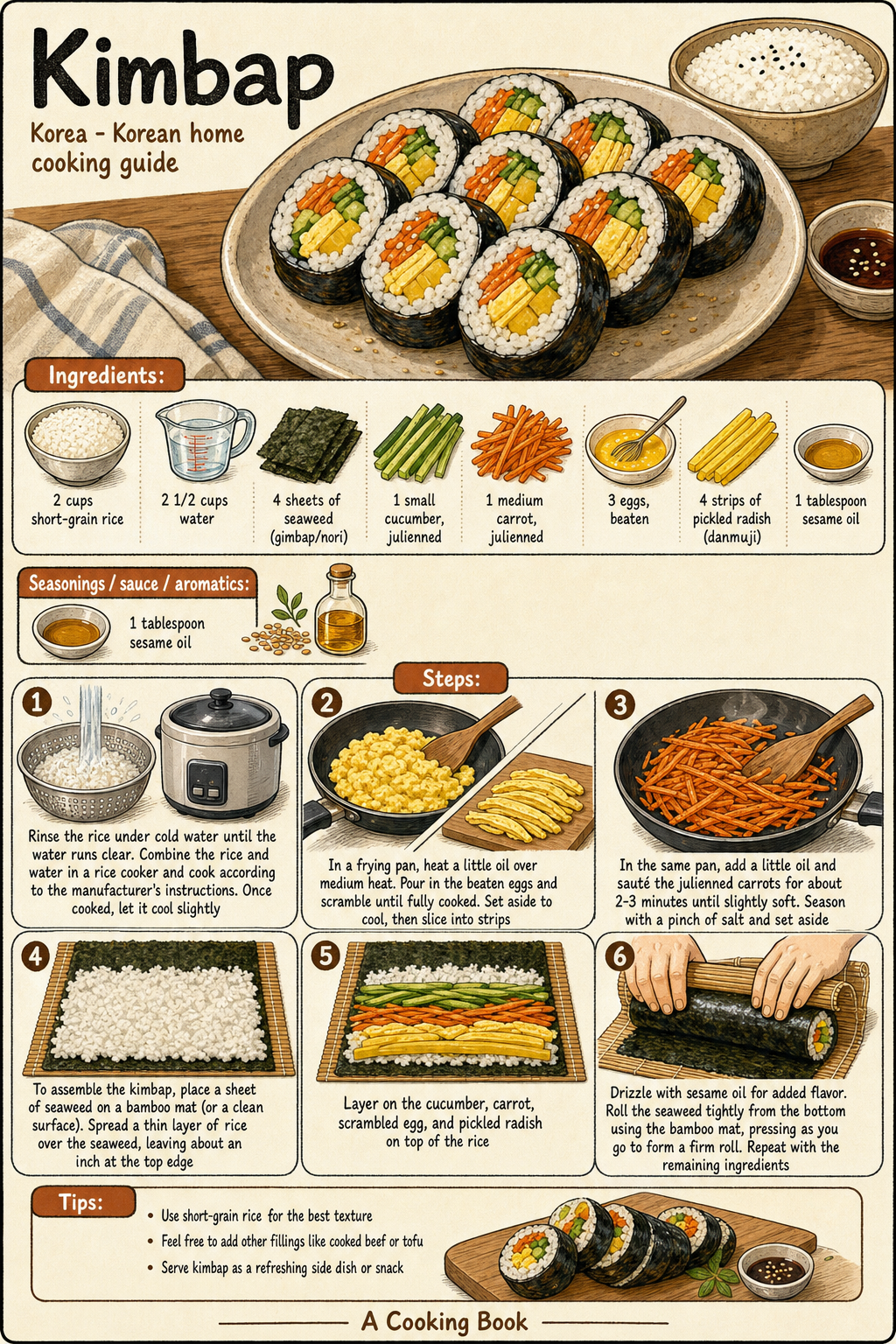 Kimbap illustrated step-by-step cooking guide