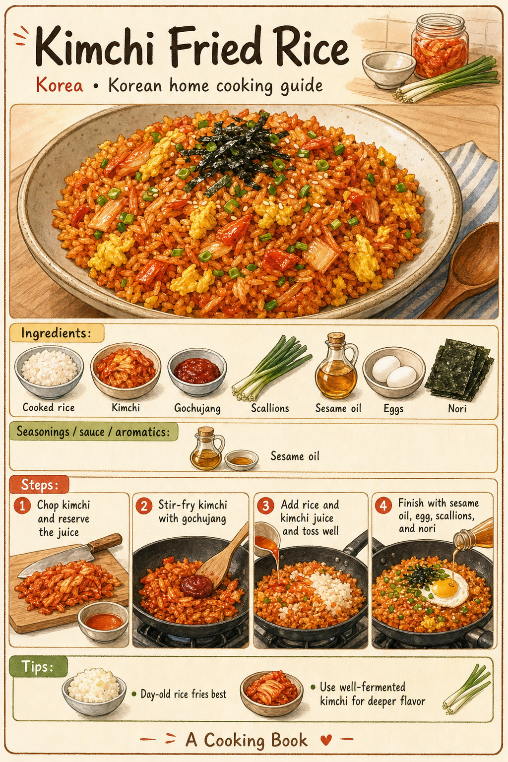 Kimchi Fried Rice illustrated step-by-step cooking guide