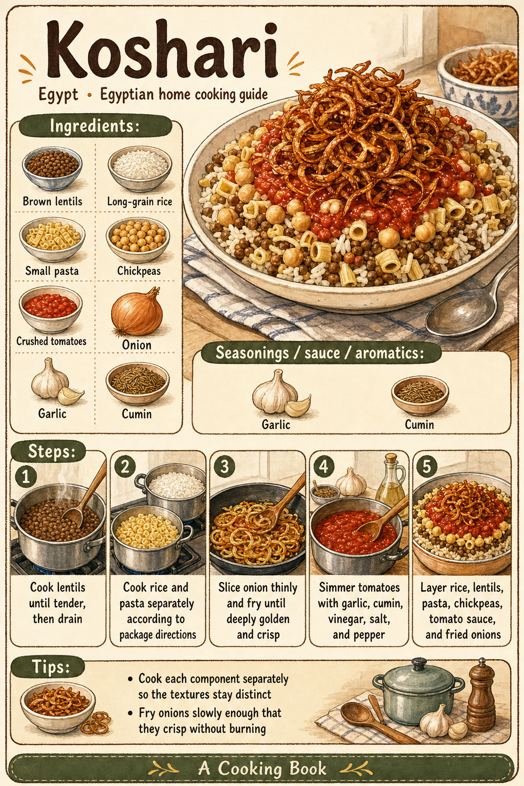 Koshari illustrated step-by-step cooking guide