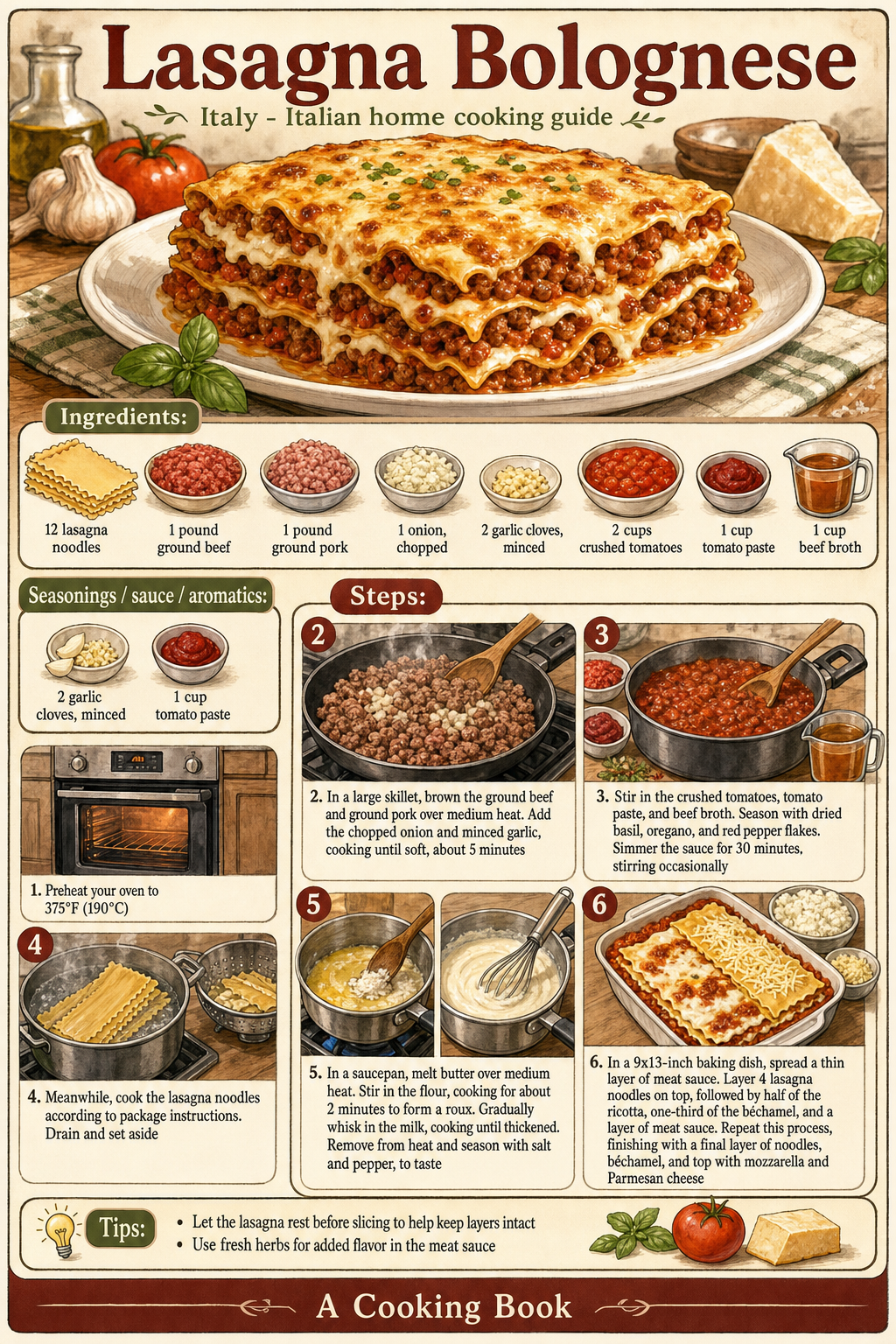 Lasagna Bolognese illustrated step-by-step cooking guide