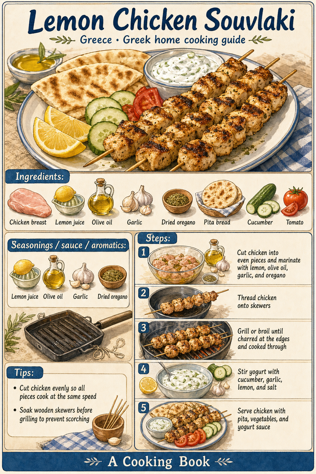 Lemon Chicken Souvlaki illustrated step-by-step cooking guide