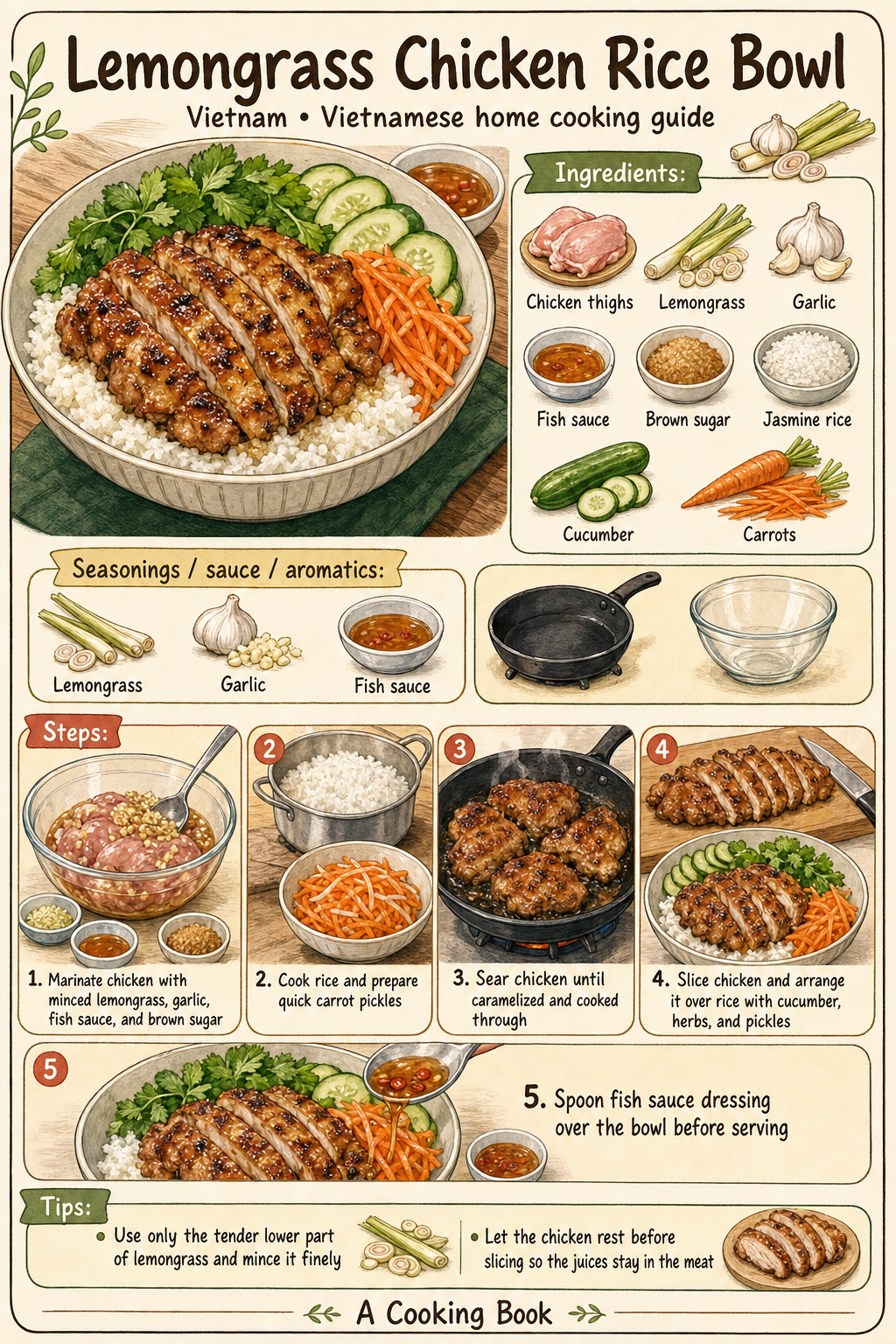 Lemongrass Chicken Rice Bowl illustrated step-by-step cooking guide