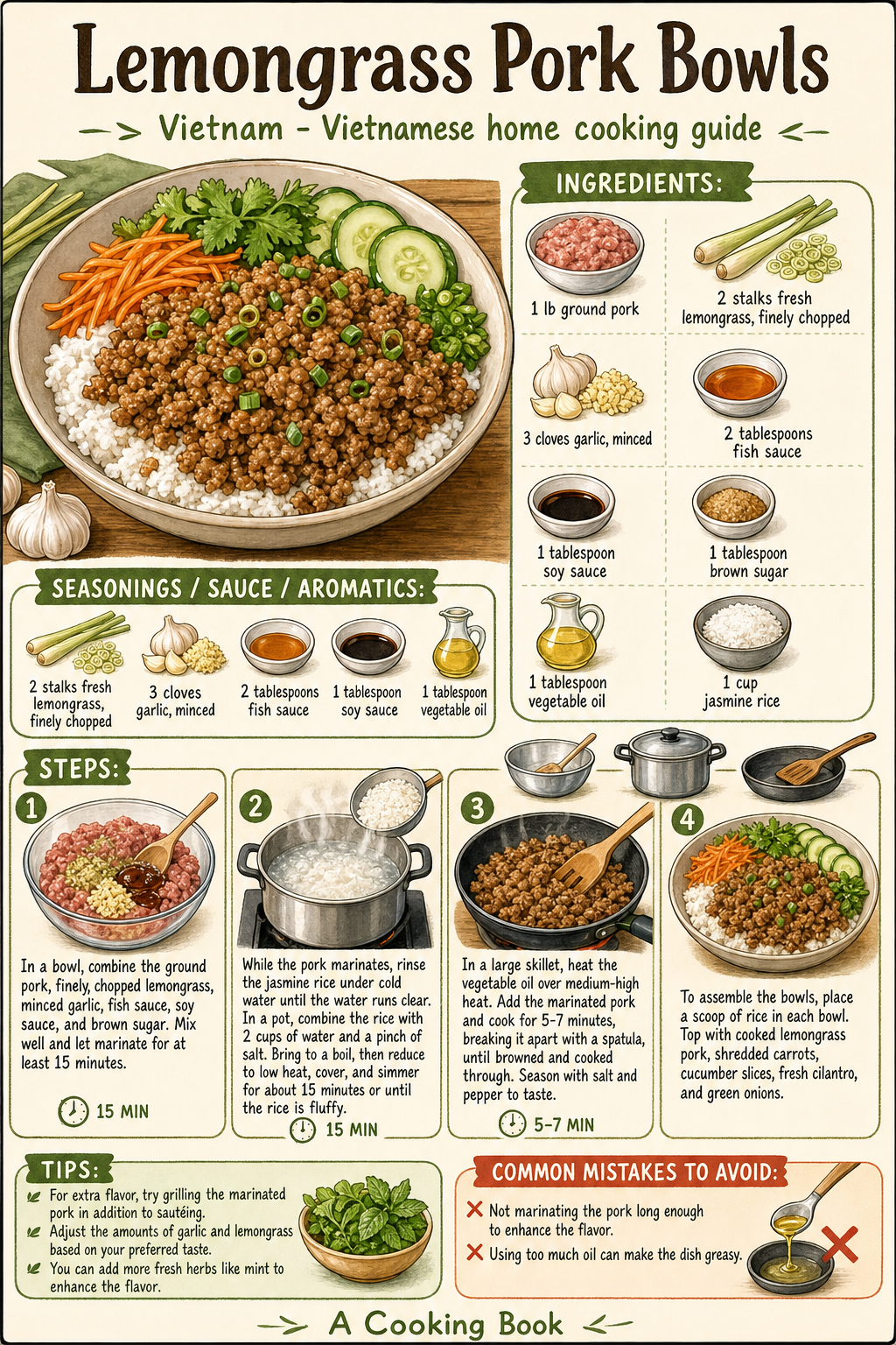Lemongrass Pork Bowls illustrated step-by-step cooking guide