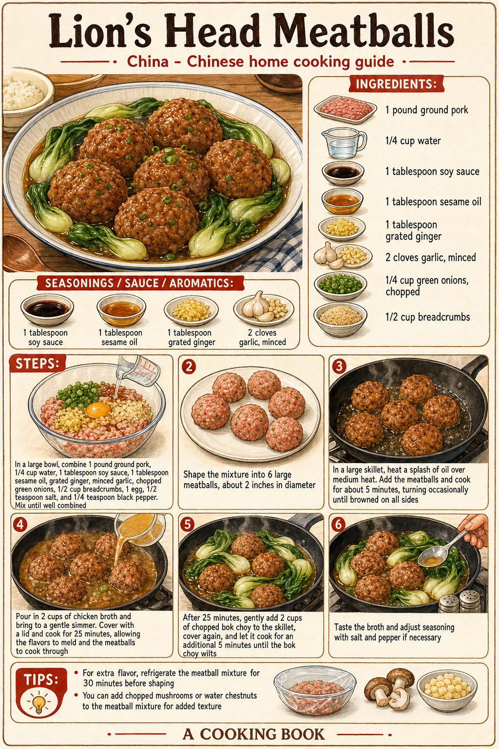 Lion's Head Meatballs illustrated step-by-step cooking guide