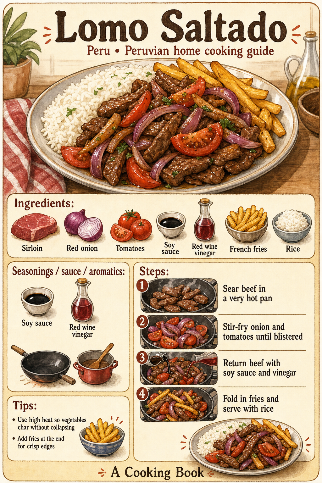 Lomo Saltado illustrated step-by-step cooking guide
