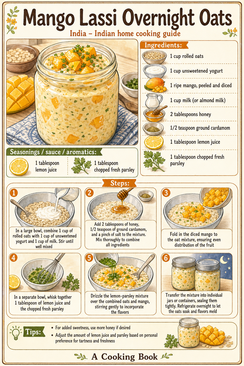 Mango Lassi Overnight Oats illustrated step-by-step cooking guide