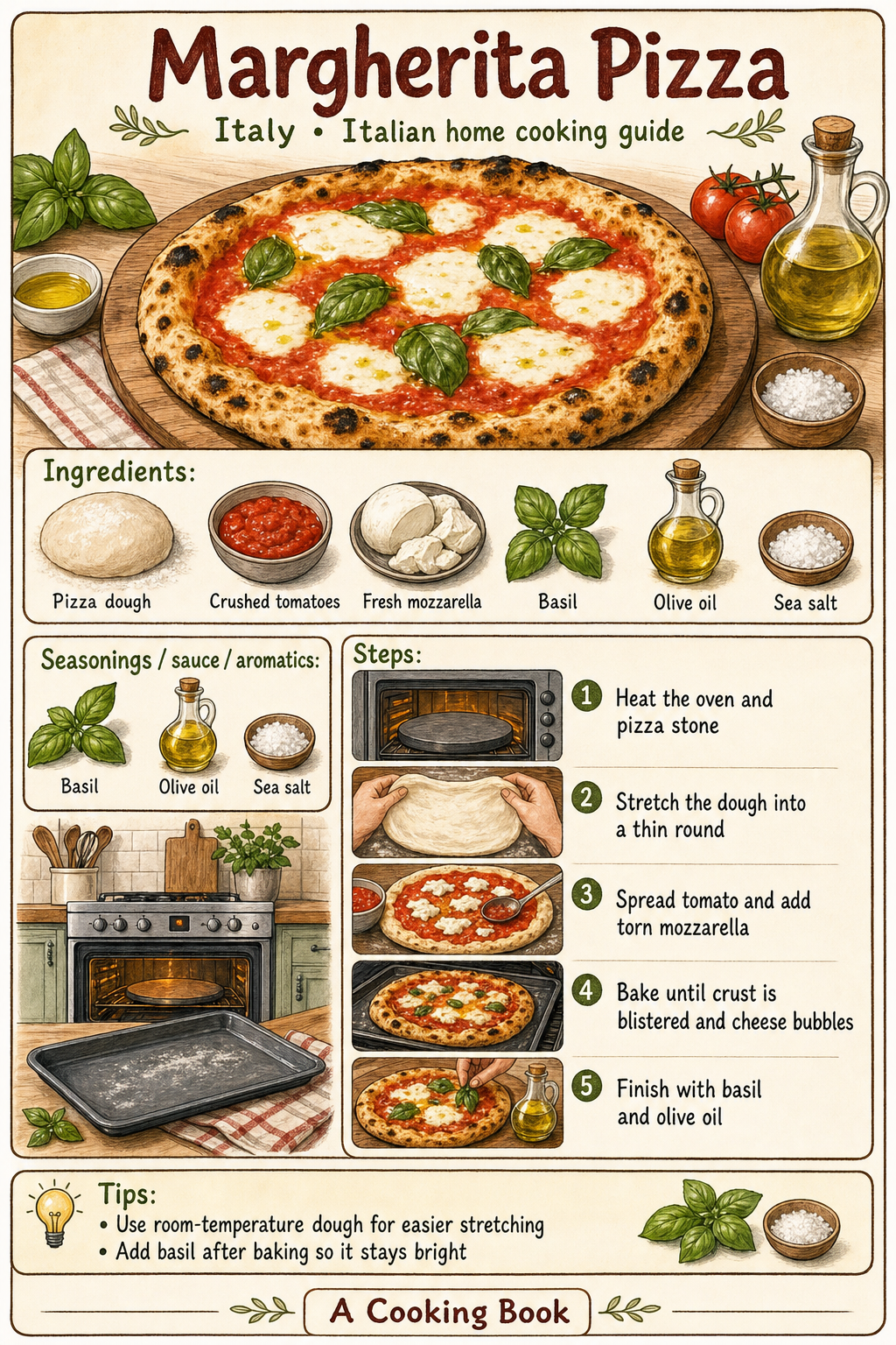 Margherita Pizza illustrated step-by-step cooking guide