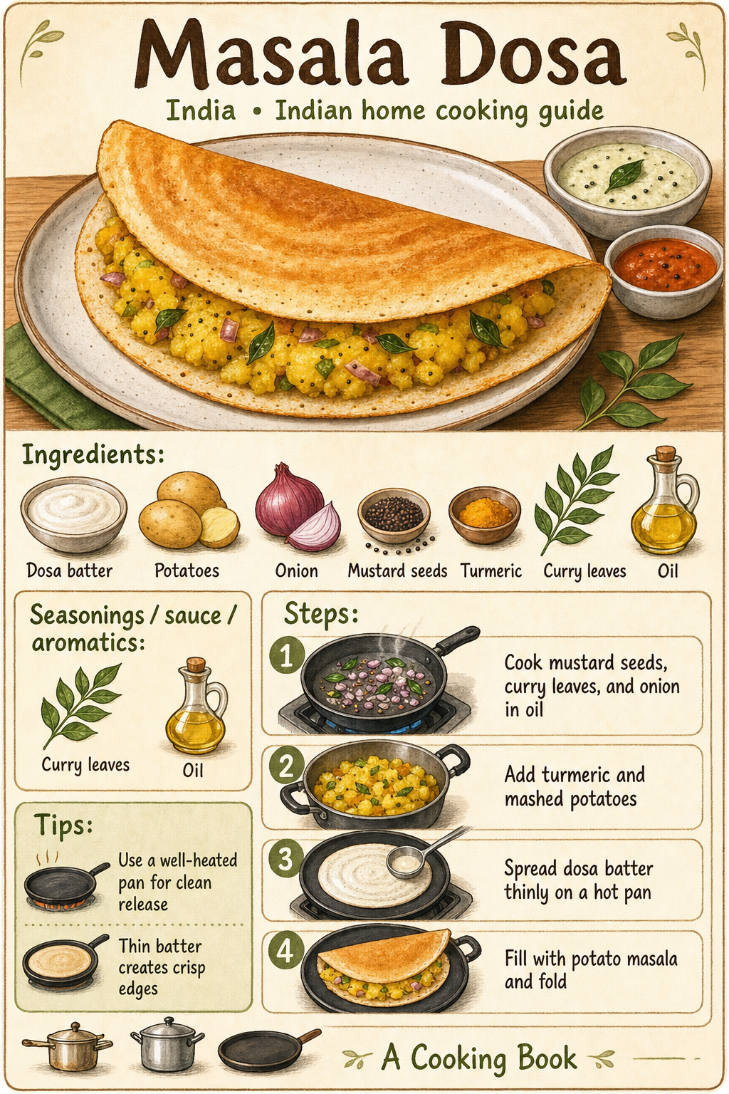 Masala Dosa illustrated step-by-step cooking guide