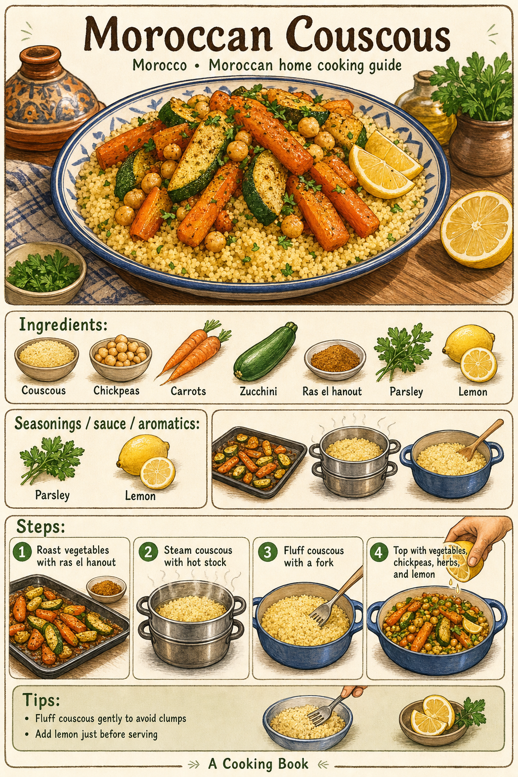 Moroccan Couscous illustrated step-by-step cooking guide