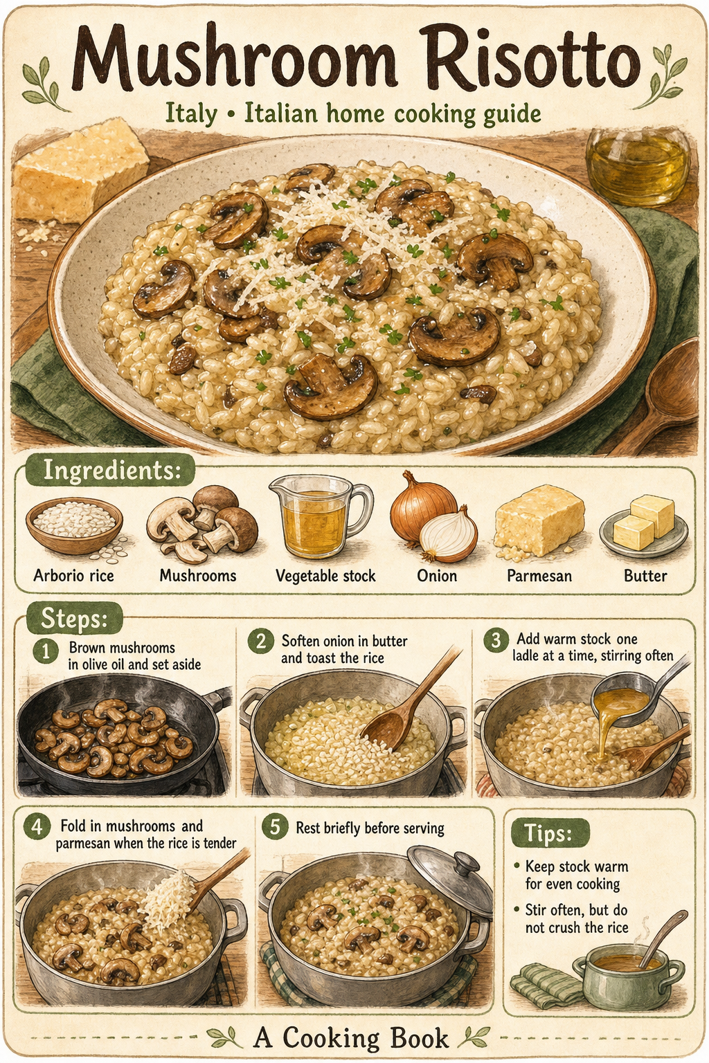 Mushroom Risotto illustrated step-by-step cooking guide