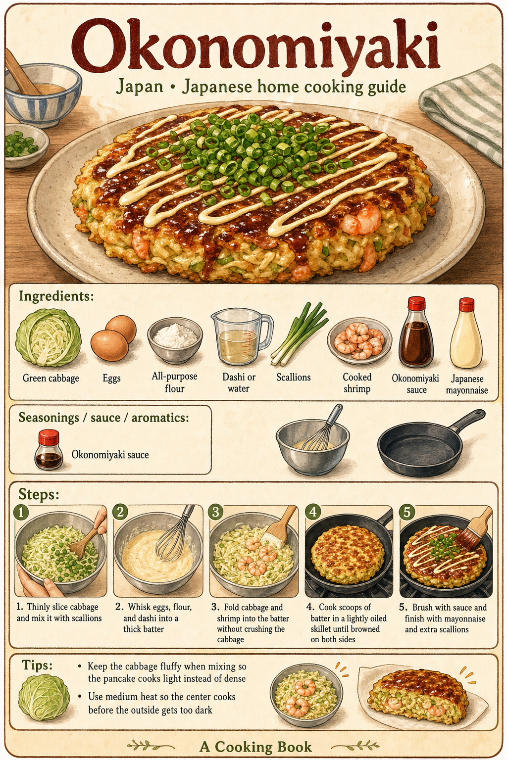 Okonomiyaki illustrated step-by-step cooking guide