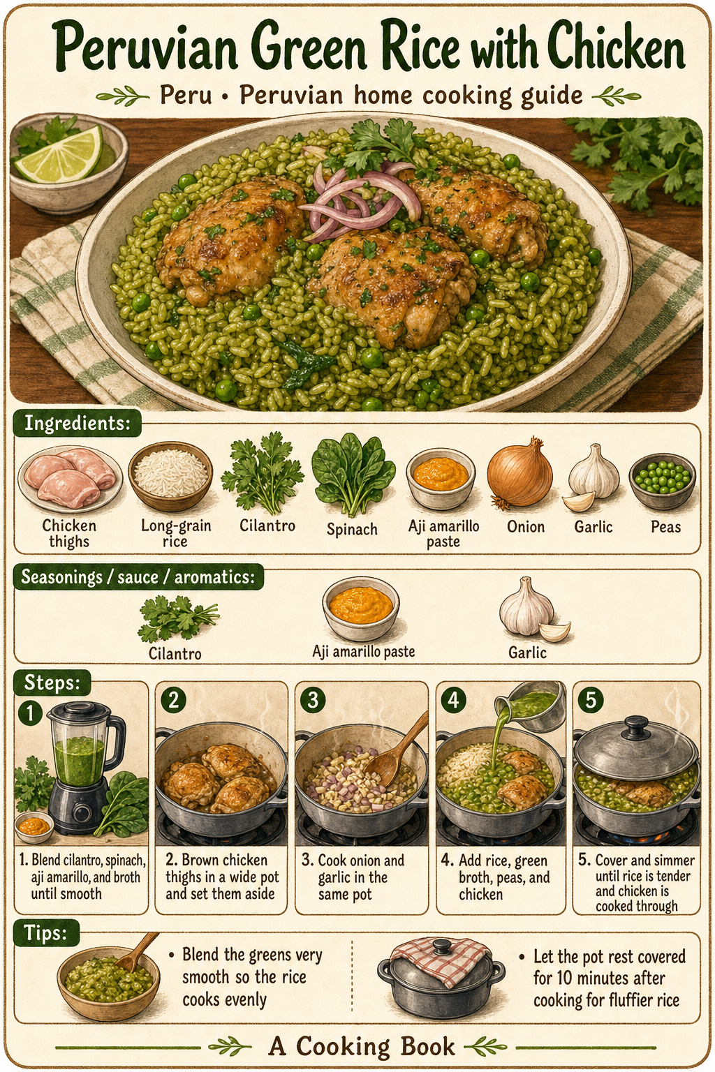 Peruvian Green Rice with Chicken illustrated step-by-step cooking guide