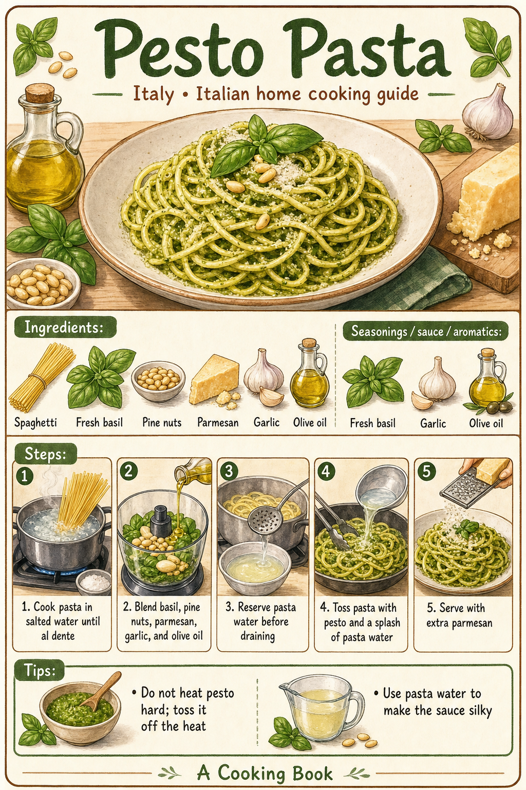 Pesto Pasta illustrated step-by-step cooking guide