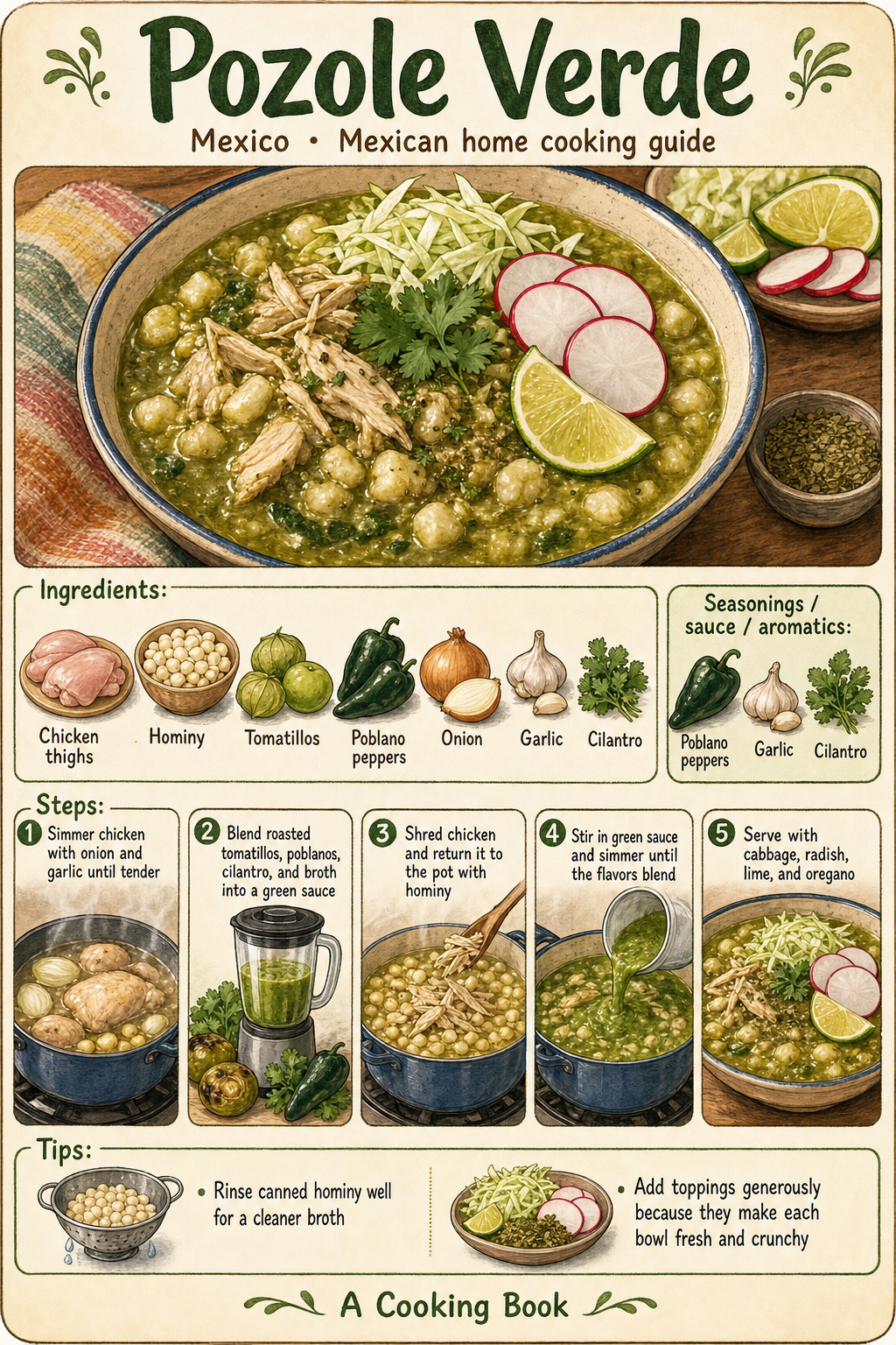 Pozole Verde illustrated step-by-step cooking guide