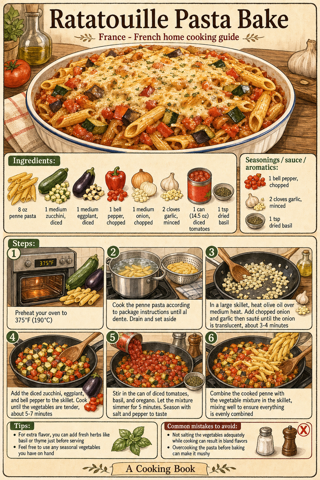 Ratatouille Pasta Bake illustrated step-by-step cooking guide
