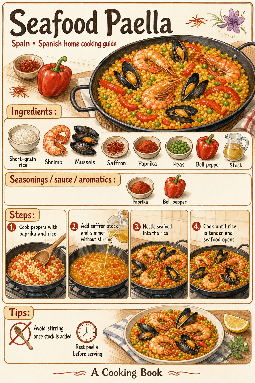 Seafood Paella illustrated step-by-step cooking guide