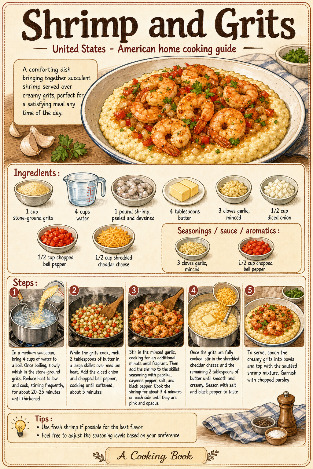Shrimp and Grits illustrated step-by-step cooking guide