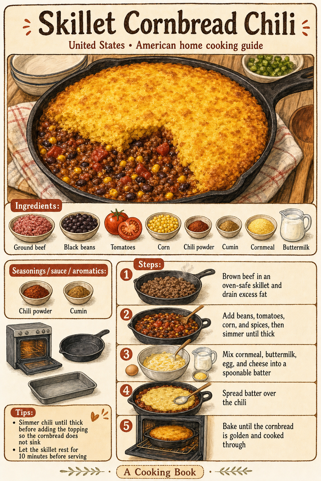 Skillet Cornbread Chili illustrated step-by-step cooking guide