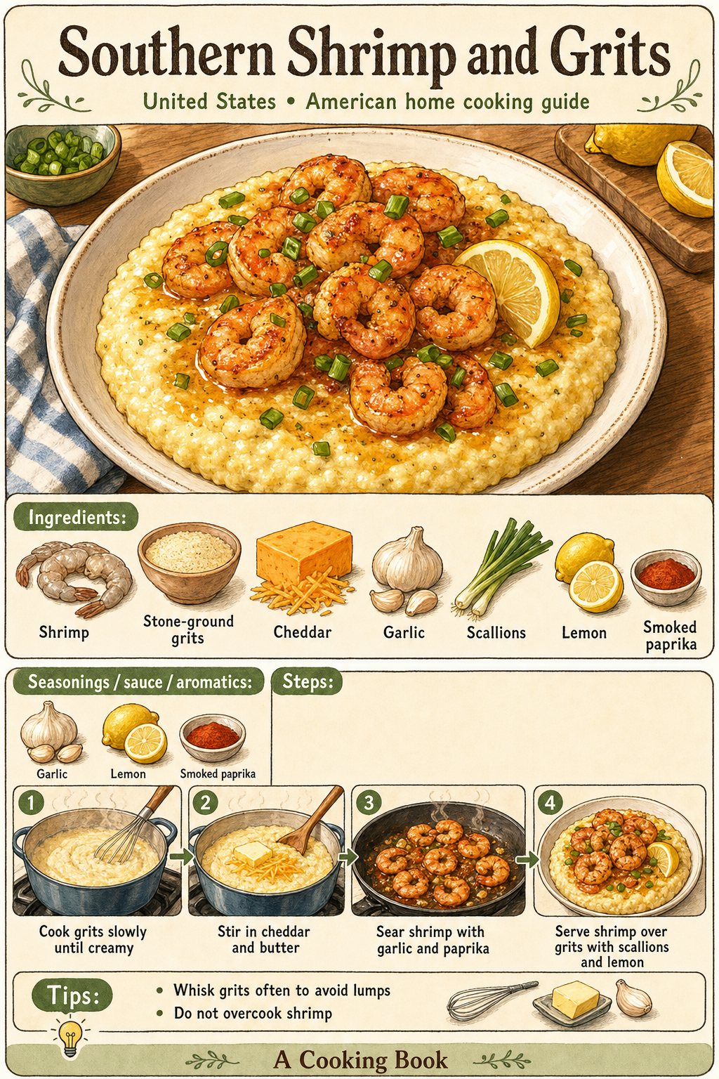 Southern Shrimp and Grits illustrated step-by-step cooking guide